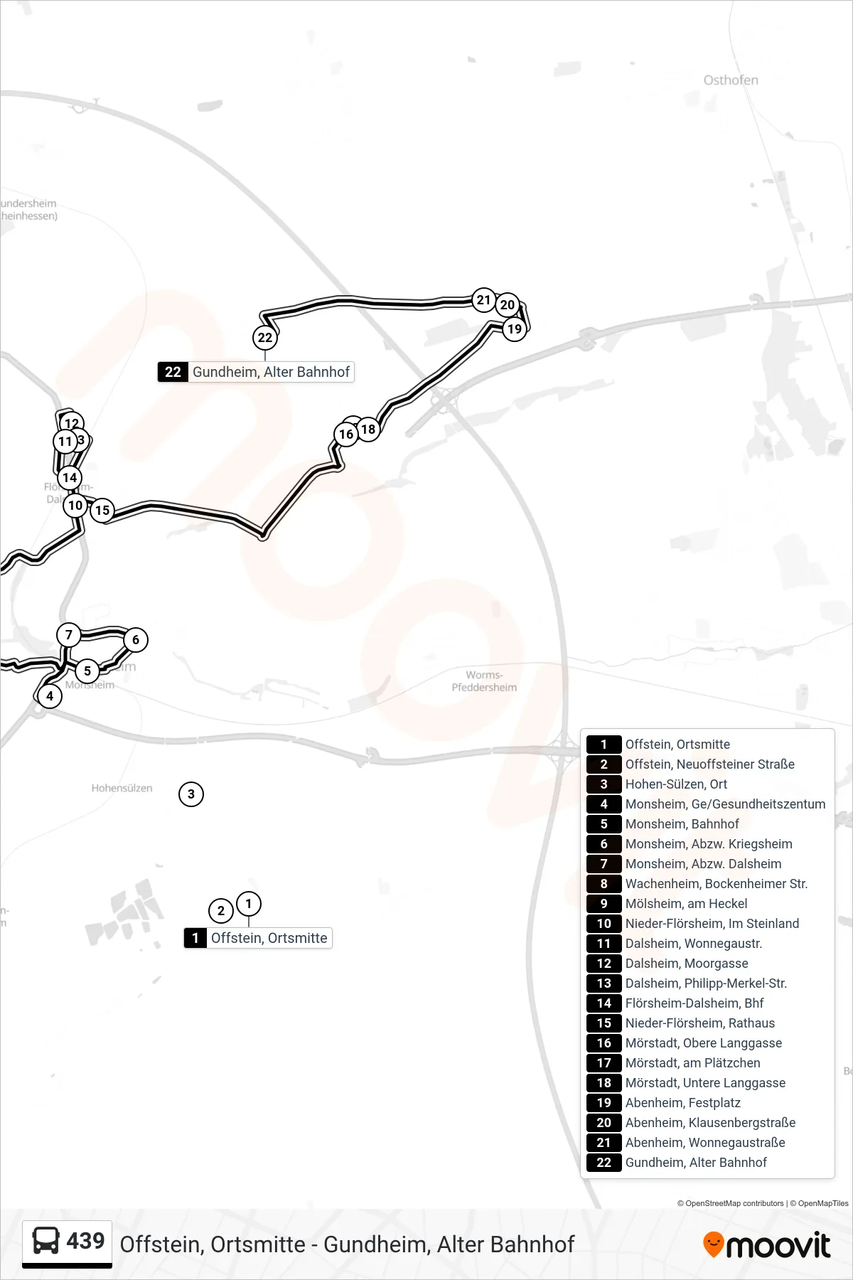 439 bus Line (Gundheim, Alter Bahnhof) route and stops on a map