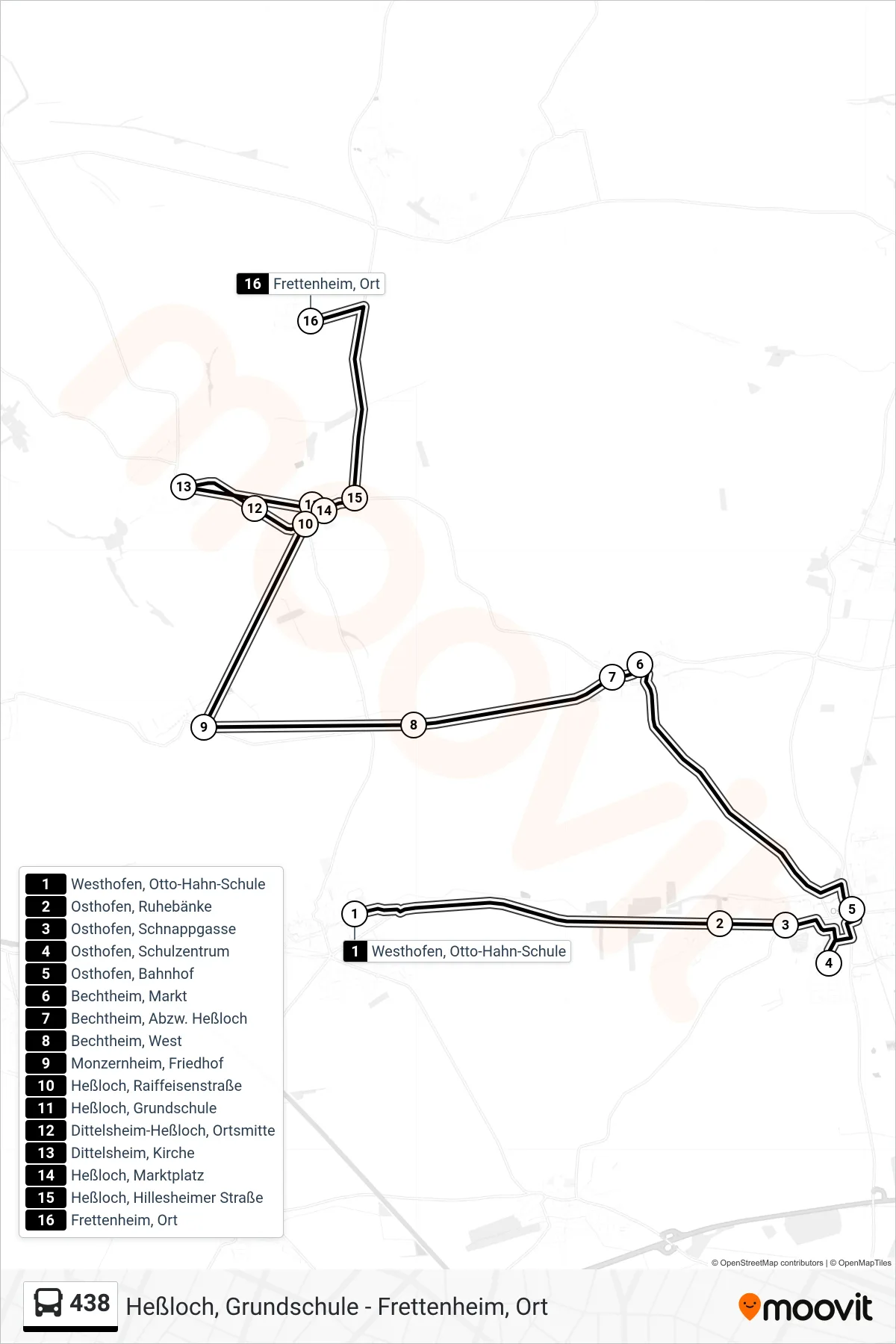Linie 438 (Bus) Richtung Frettenheim, Ort: Route und Haltestellen auf der Karte