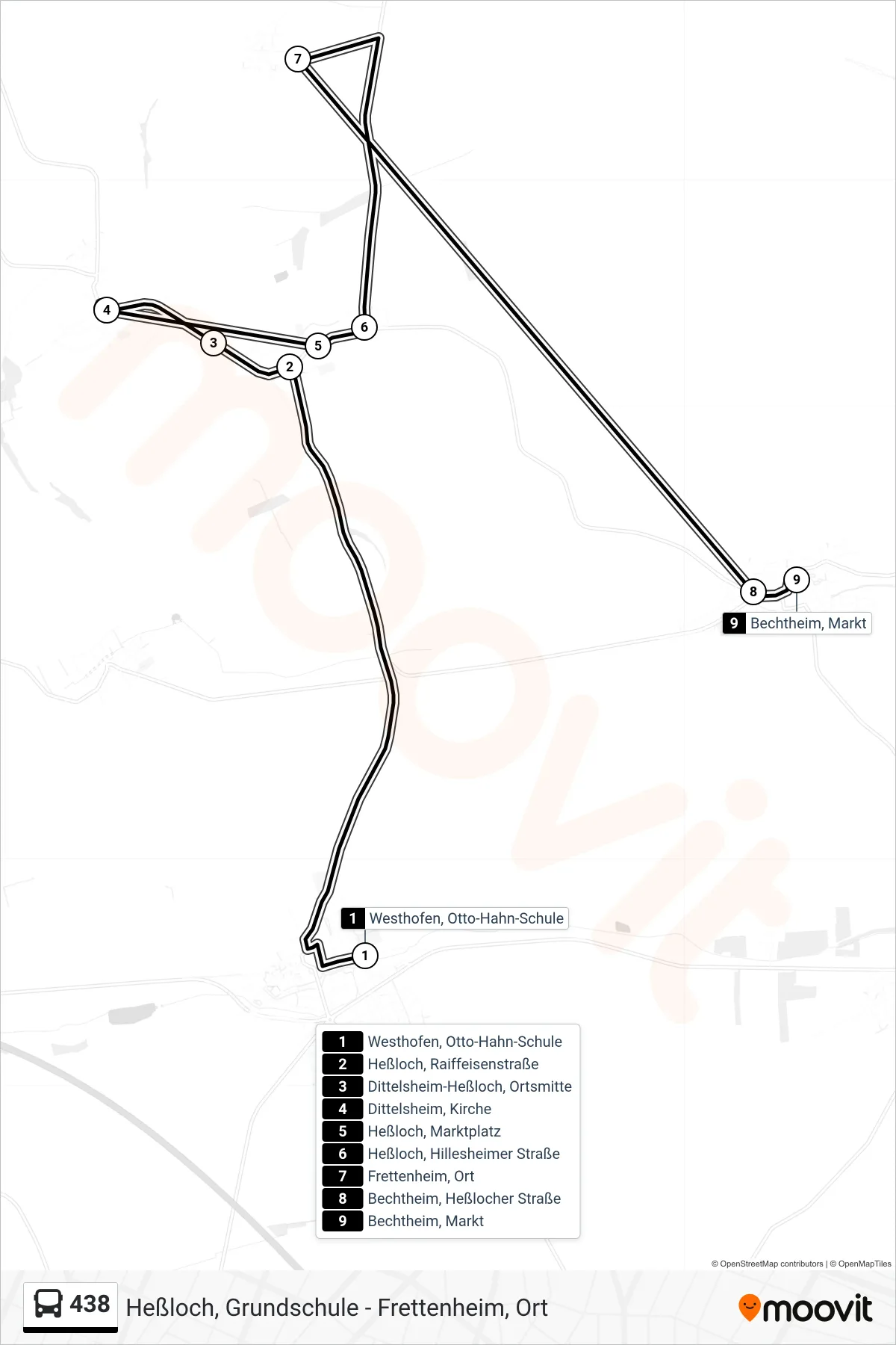 438 bus Line (Bechtheim, Markt) route and stops on a map