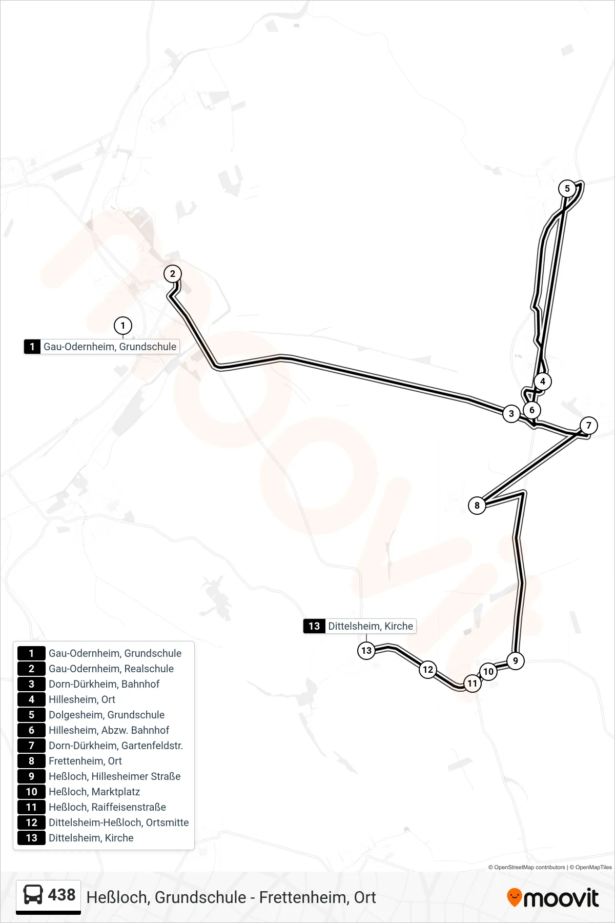 438 bus Line (Dittelsheim, Kirche) route and stops on a map
