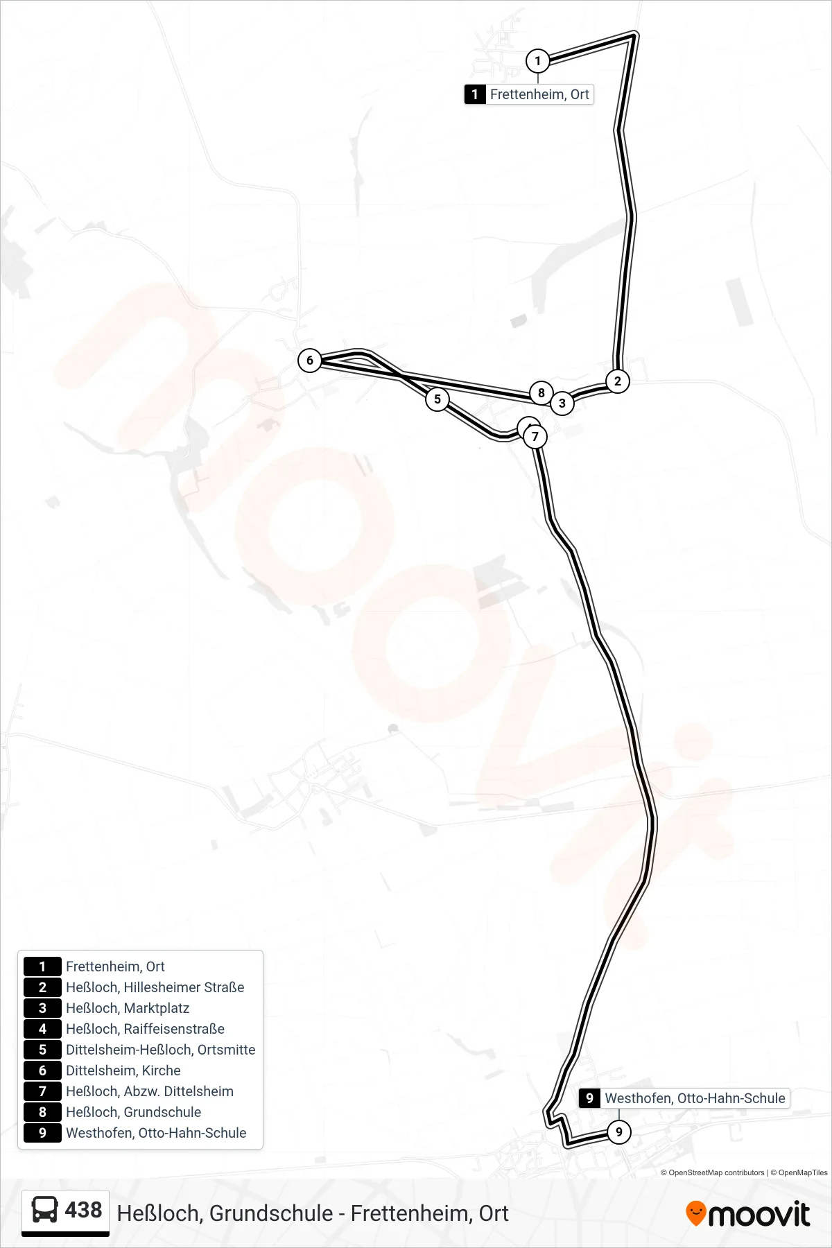 438 bus Line (Westhofen, Otto-Hahn-Schule) route and stops on a map