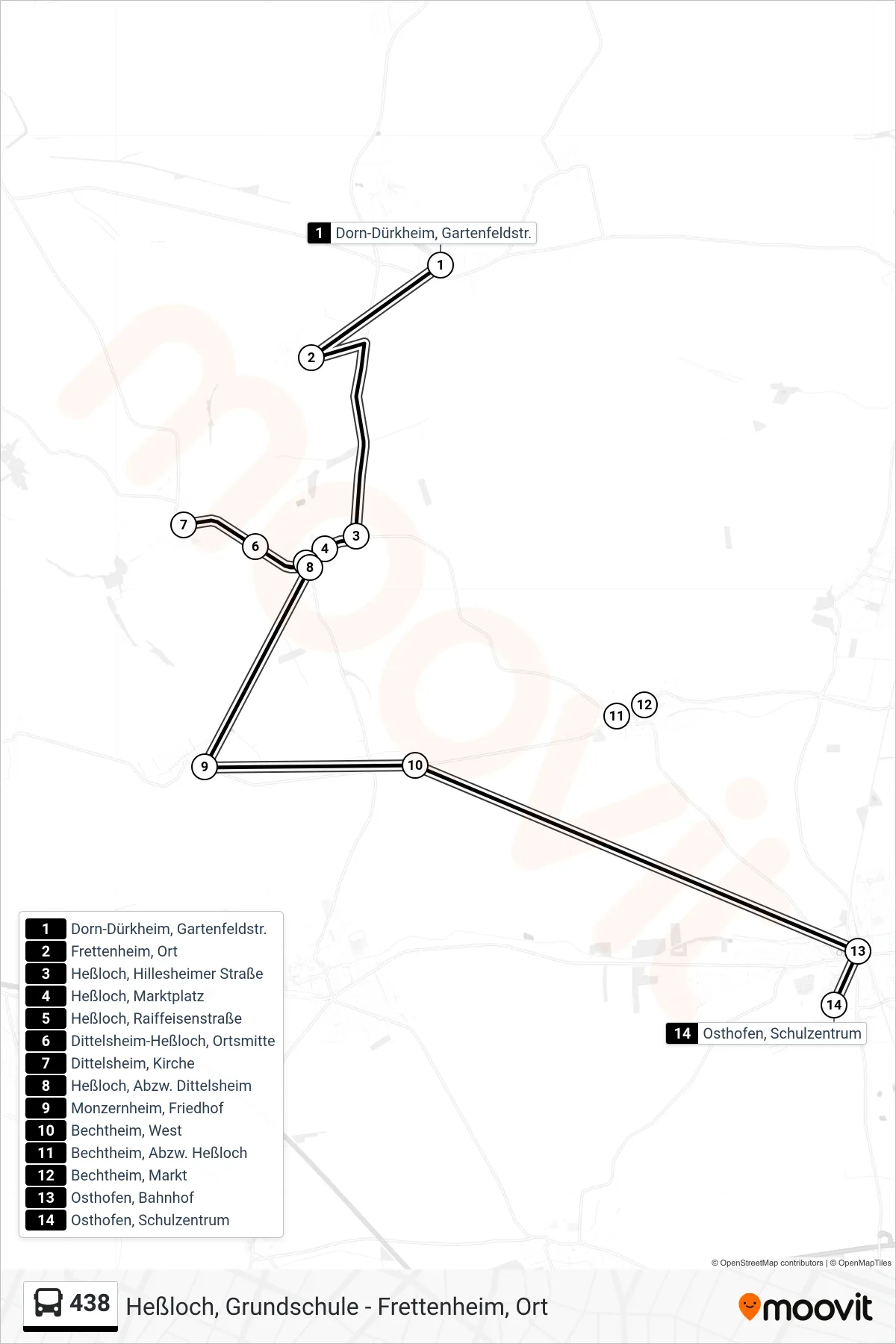 438 bus Line (Osthofen, Schulzentrum) route and stops on a map