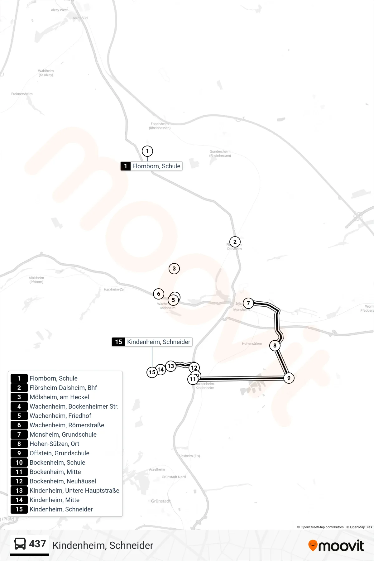 437 bus Line (Kindenheim, Schneider) route and stops on a map
