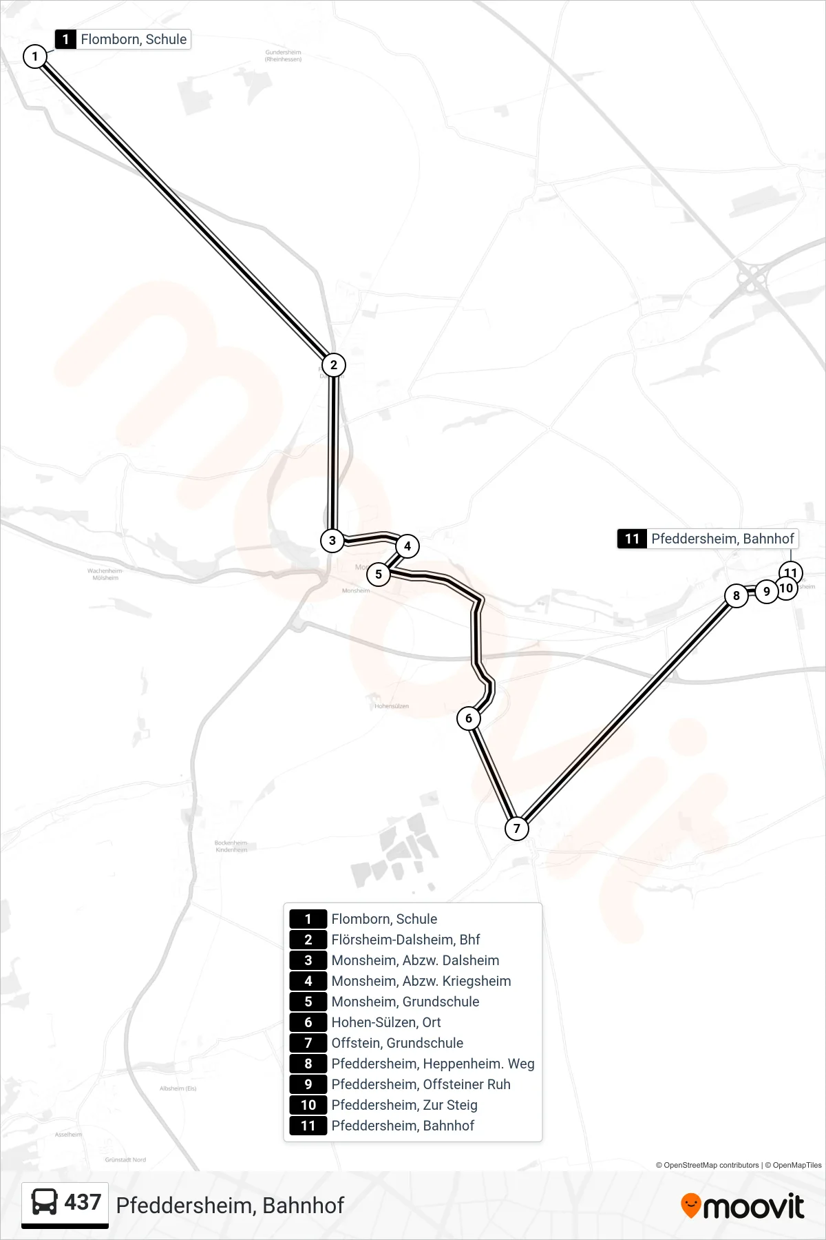 437 bus Line (Pfeddersheim, Bahnhof) route and stops on a map
