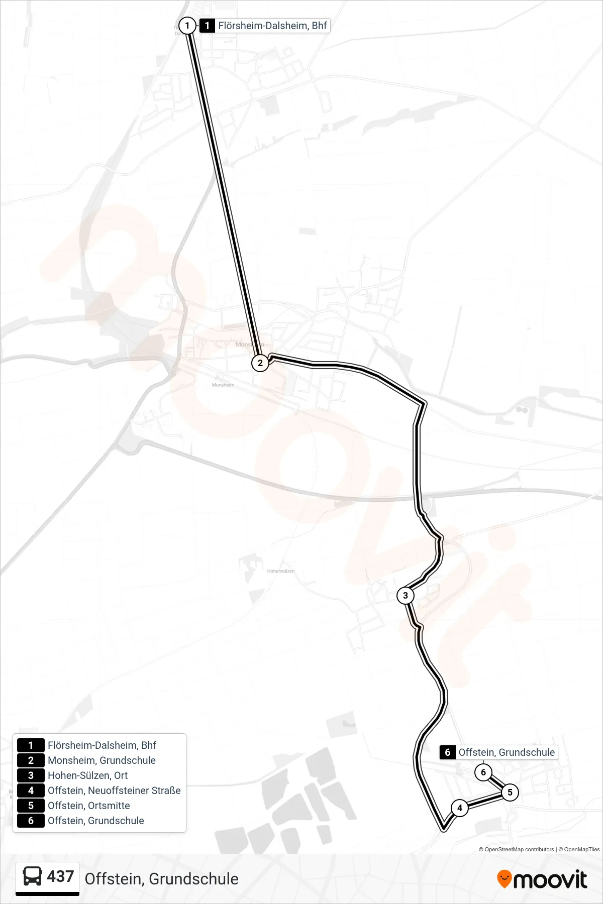 437 bus Line (Offstein, Grundschule) route and stops on a map