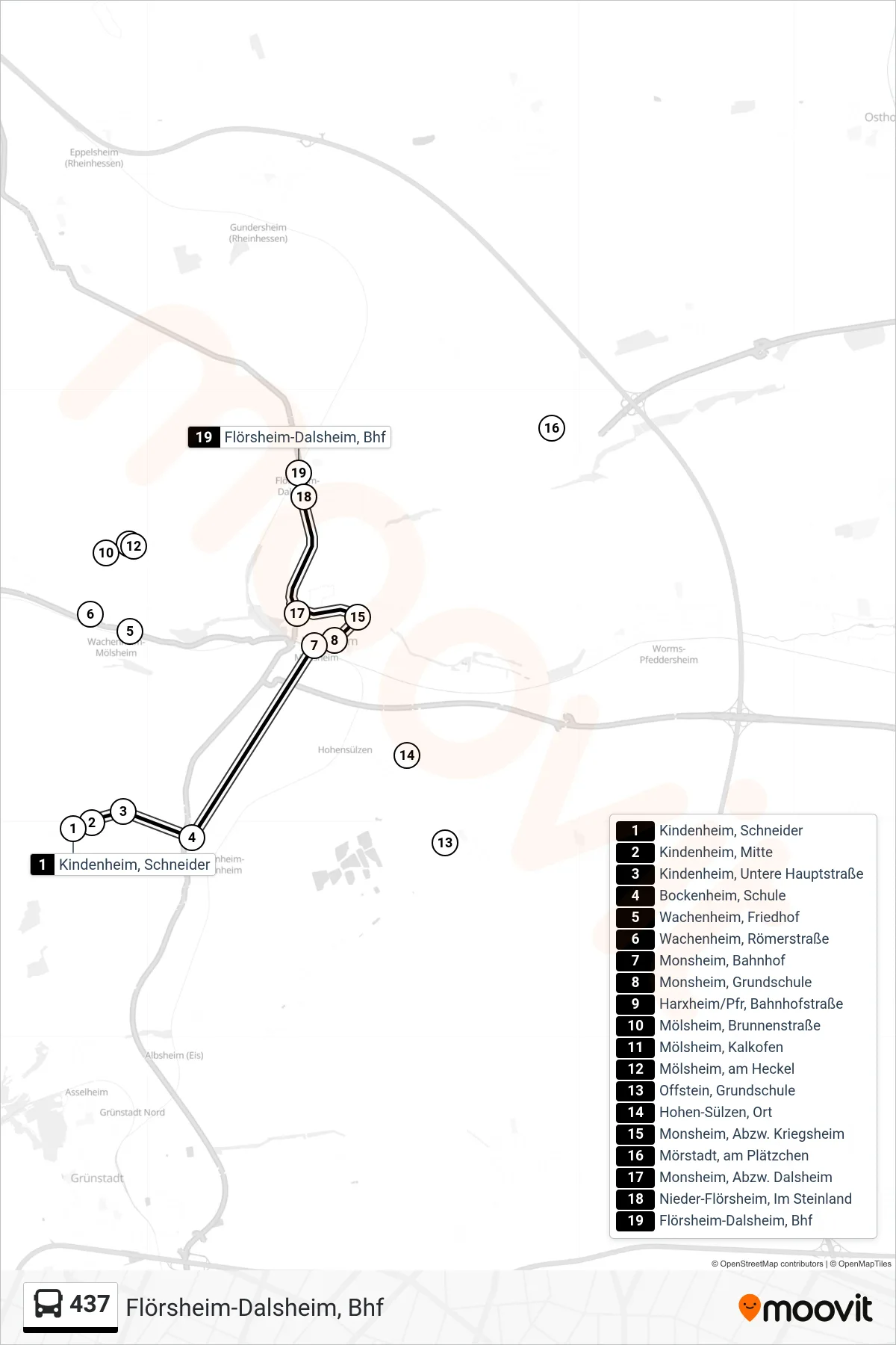 Linie 437 (Bus) Richtung Flörsheim-Dalsheim, Bhf: Route und Haltestellen auf der Karte