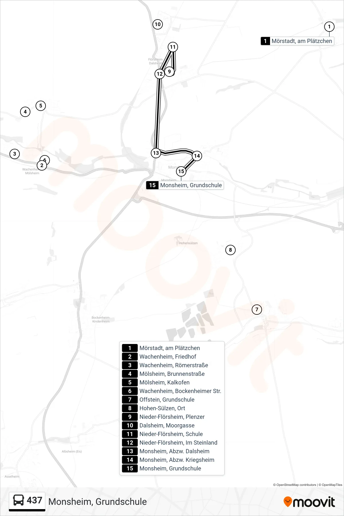 437 bus Line (Monsheim, Grundschule) route and stops on a map