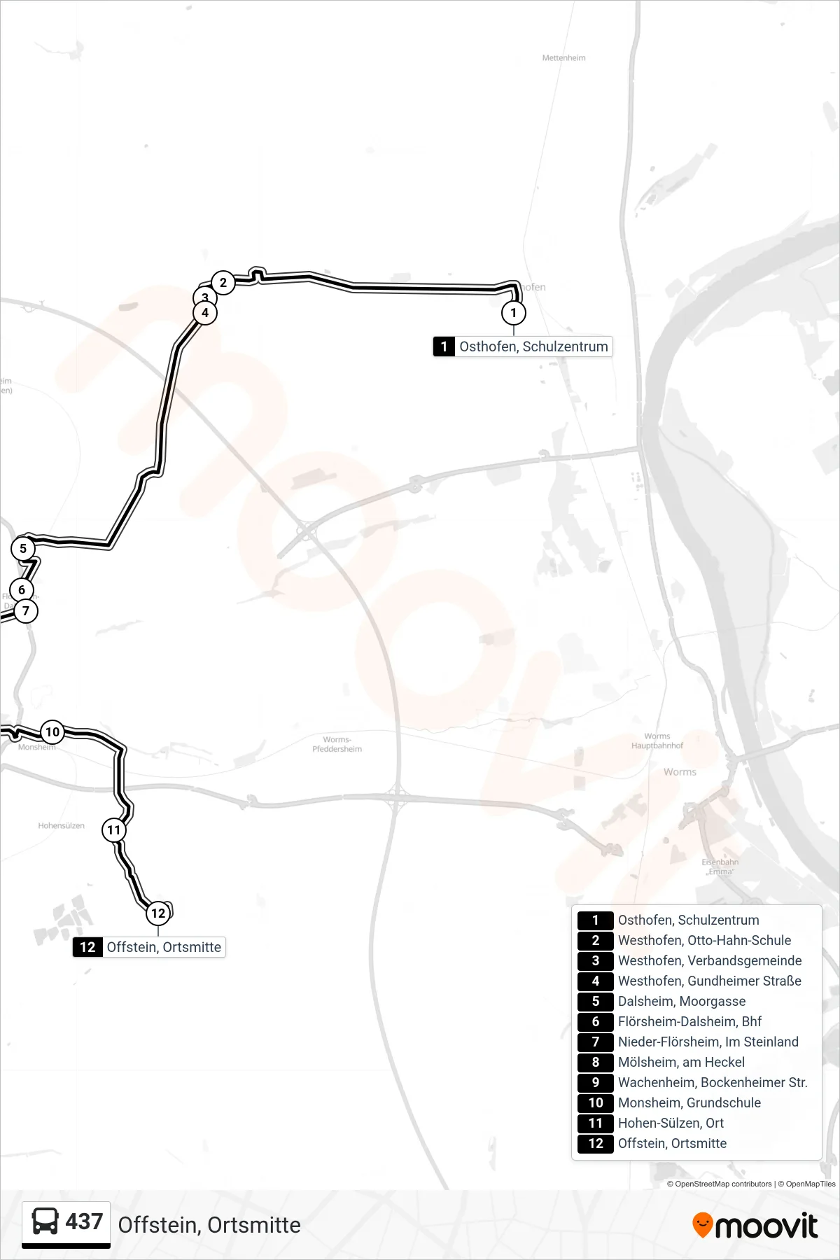 437 bus Line (Offstein, Ortsmitte) route and stops on a map