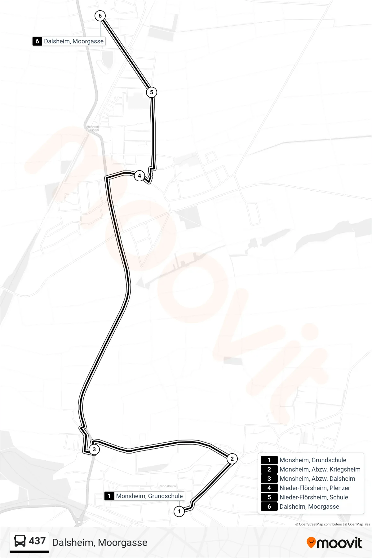 437 bus Line (Dalsheim, Moorgasse) route and stops on a map