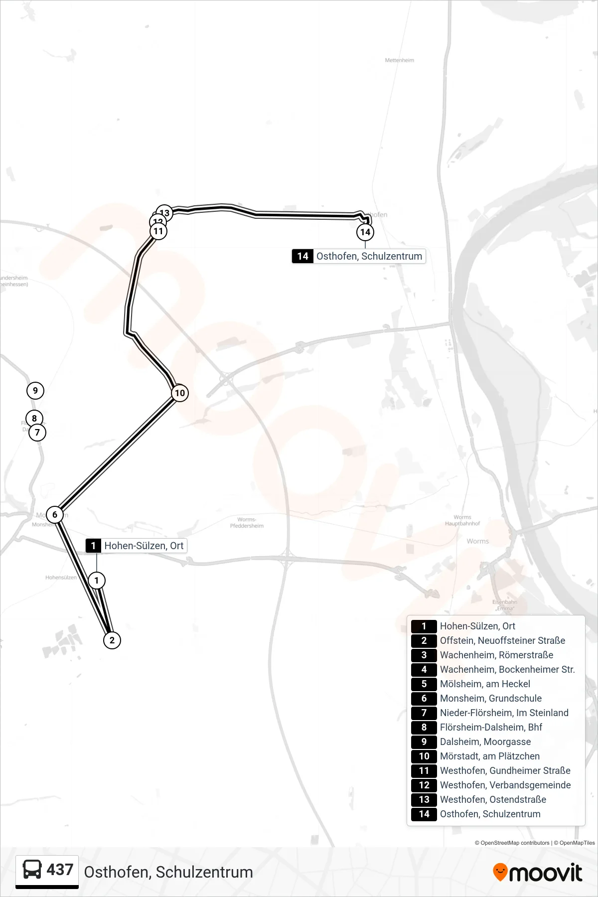 437 bus Line (Osthofen, Schulzentrum) route and stops on a map
