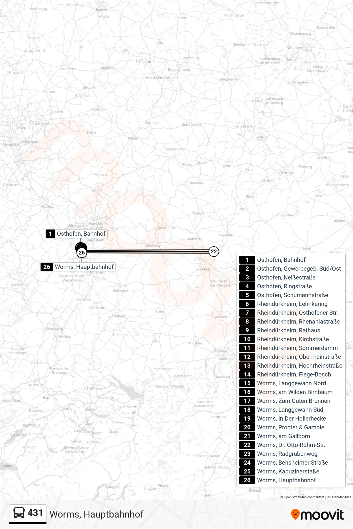 431 bus Line (Worms, Hauptbahnhof) route and stops on a map