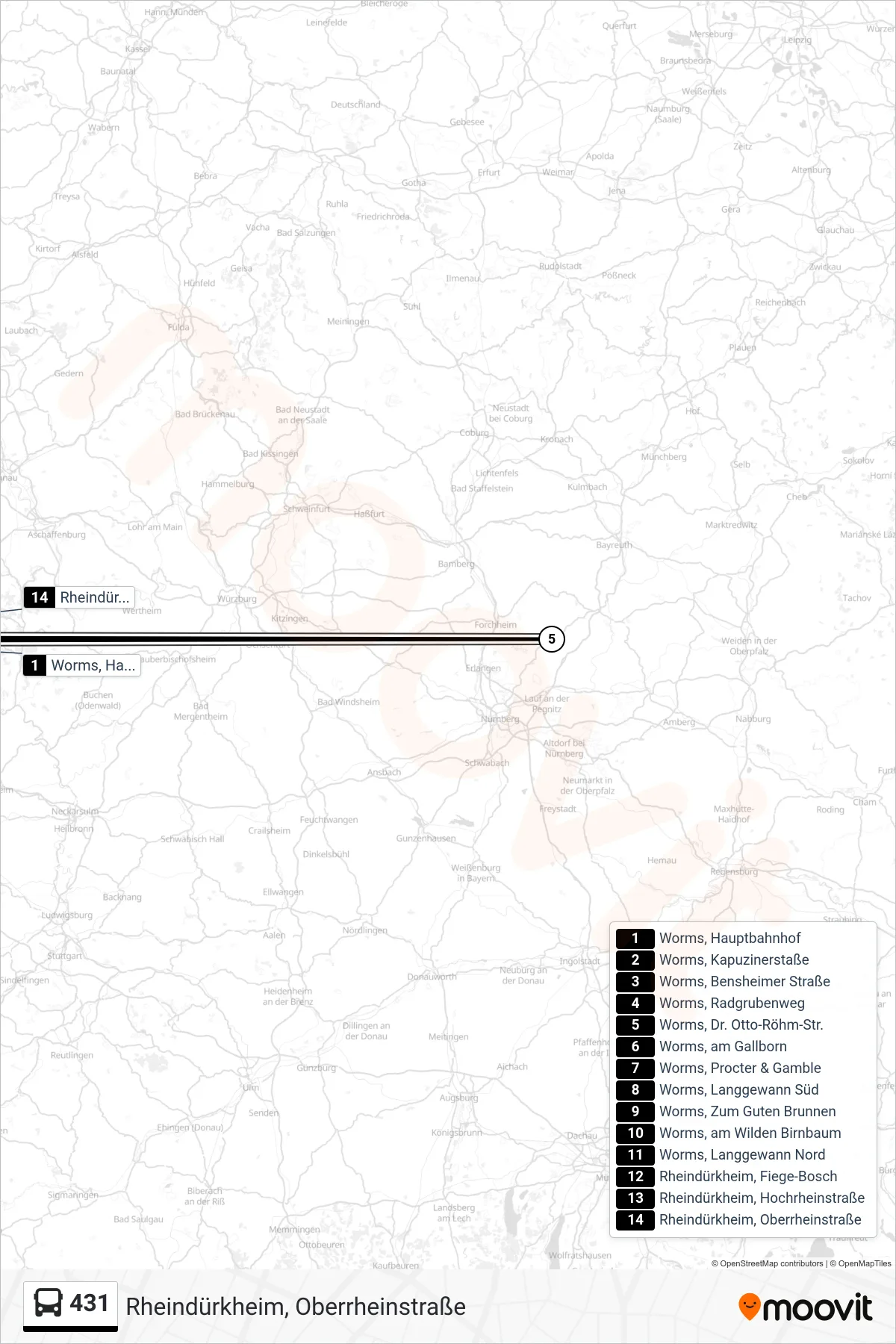 431 bus Line (Rheindürkheim, Oberrheinstraße) route and stops on a map