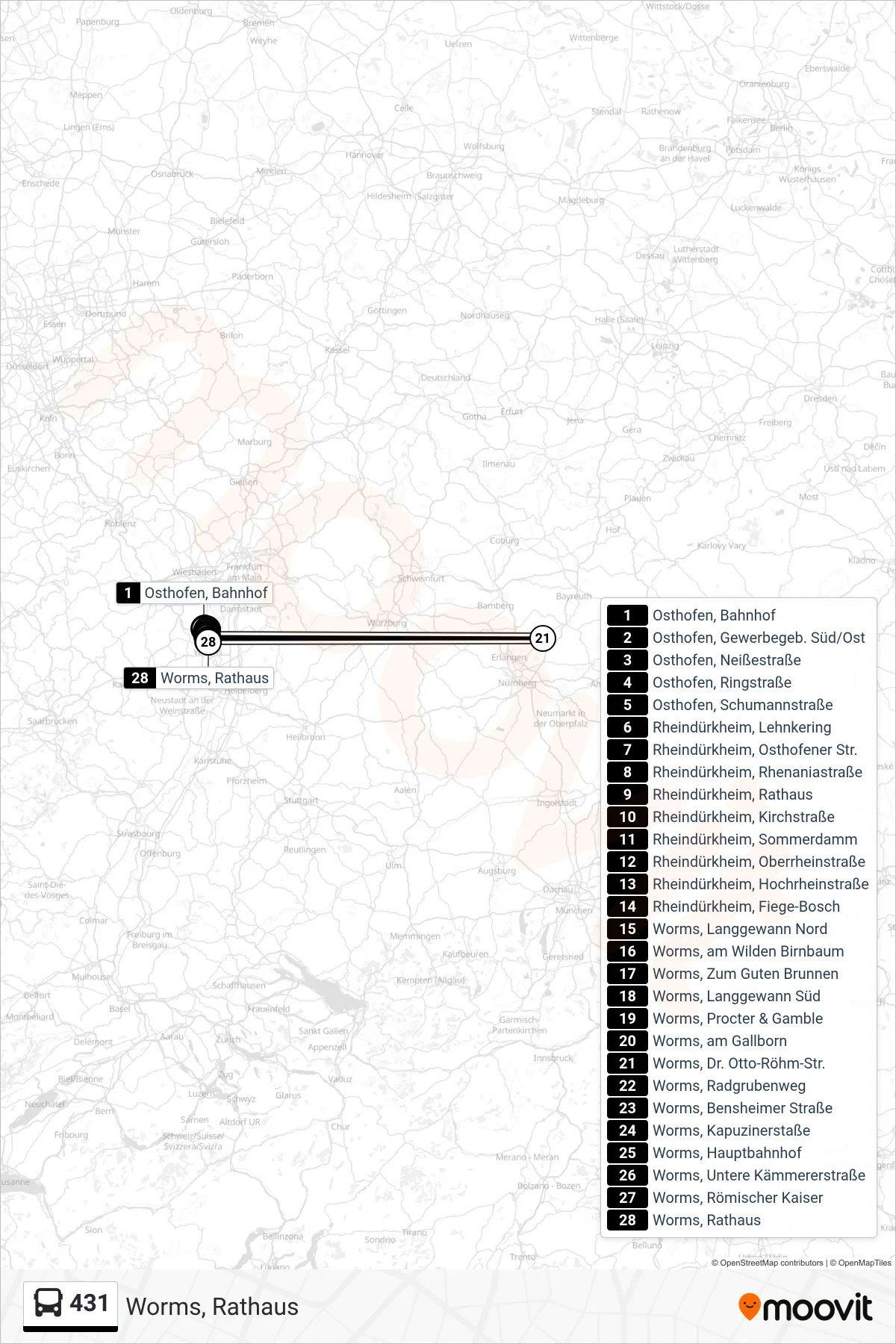 431 bus Line (Worms, Rathaus) route and stops on a map