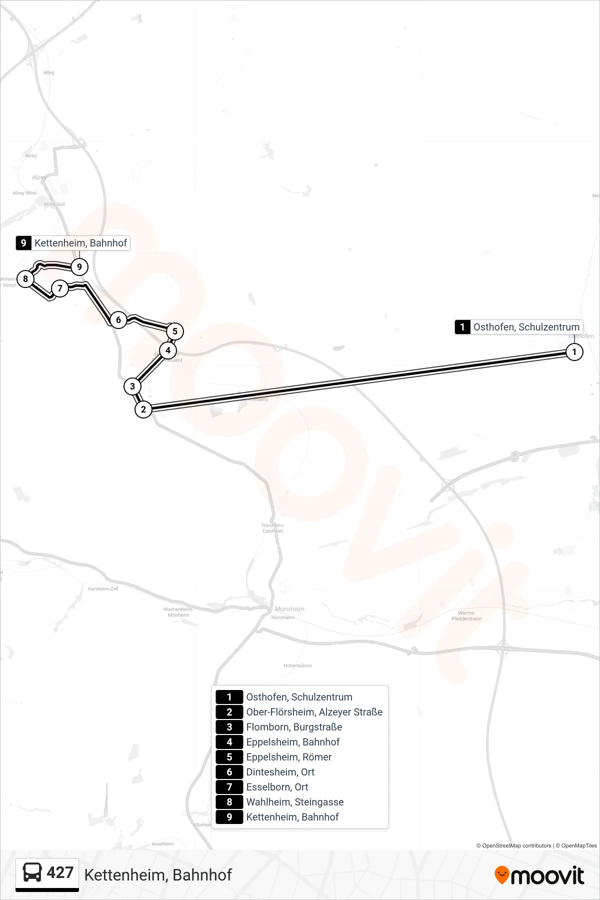 427 bus Line (Kettenheim, Bahnhof) route and stops on a map