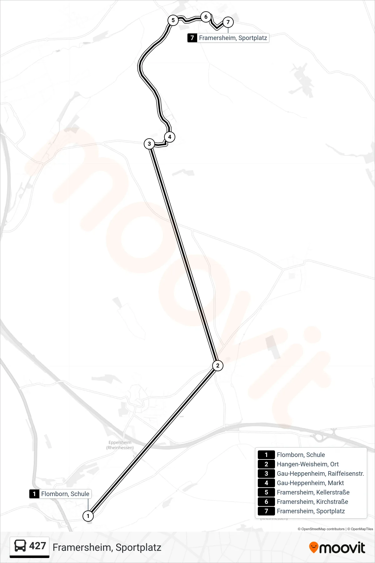 427 bus Line (Framersheim, Sportplatz) route and stops on a map