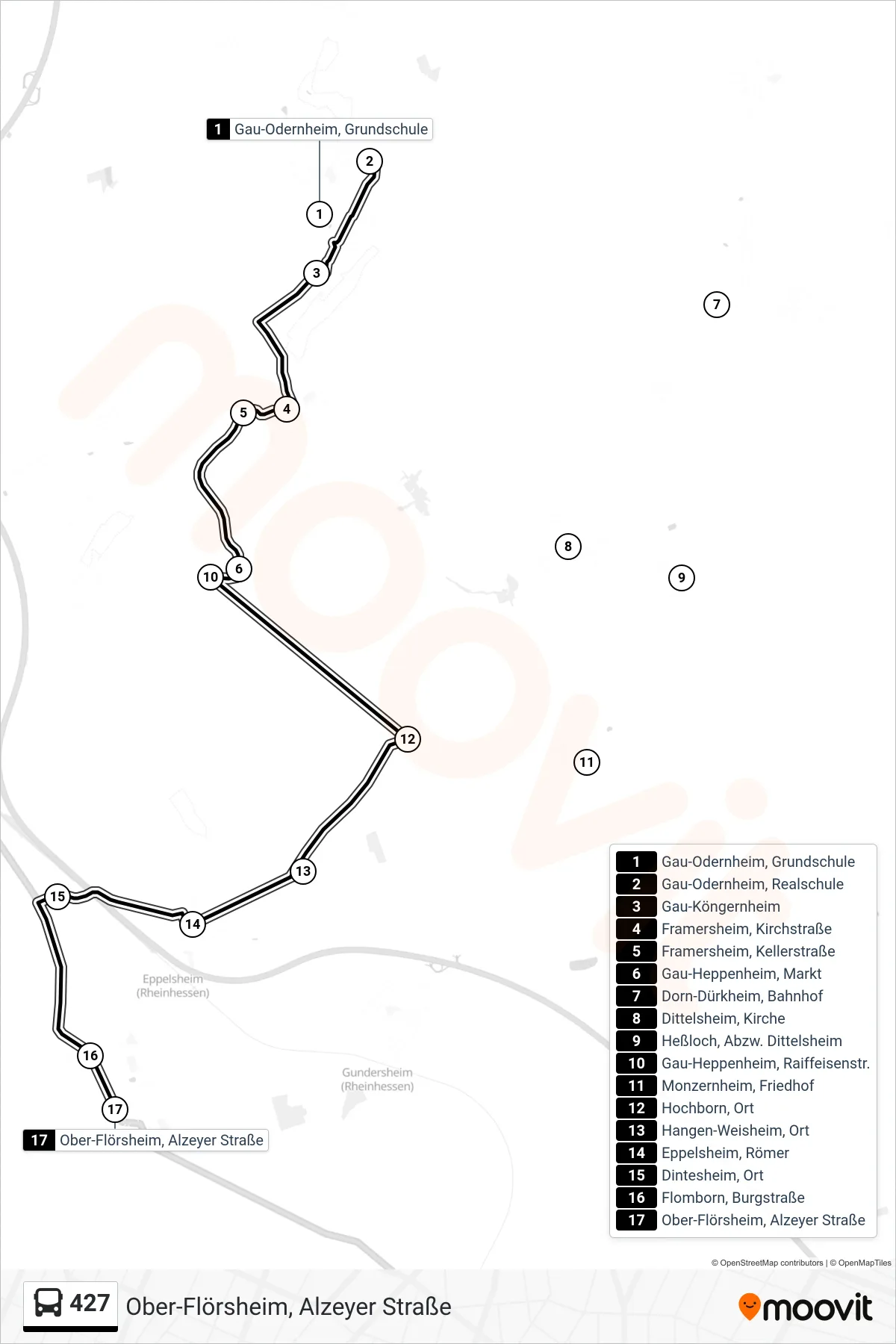 427 bus Line (Ober-Flörsheim, Alzeyer Straße) route and stops on a map