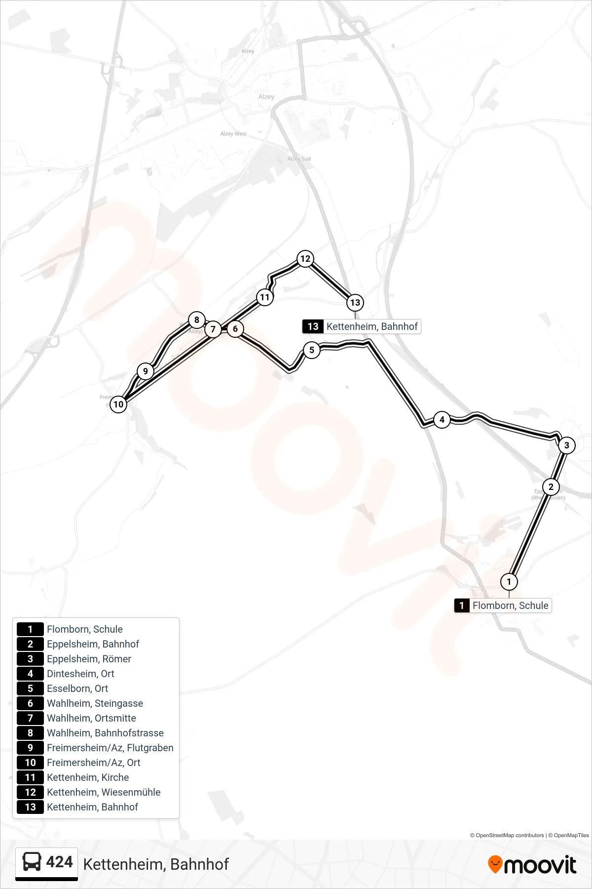 Linie 424 (Bus) Richtung Kettenheim, Bahnhof: Route und Haltestellen auf der Karte