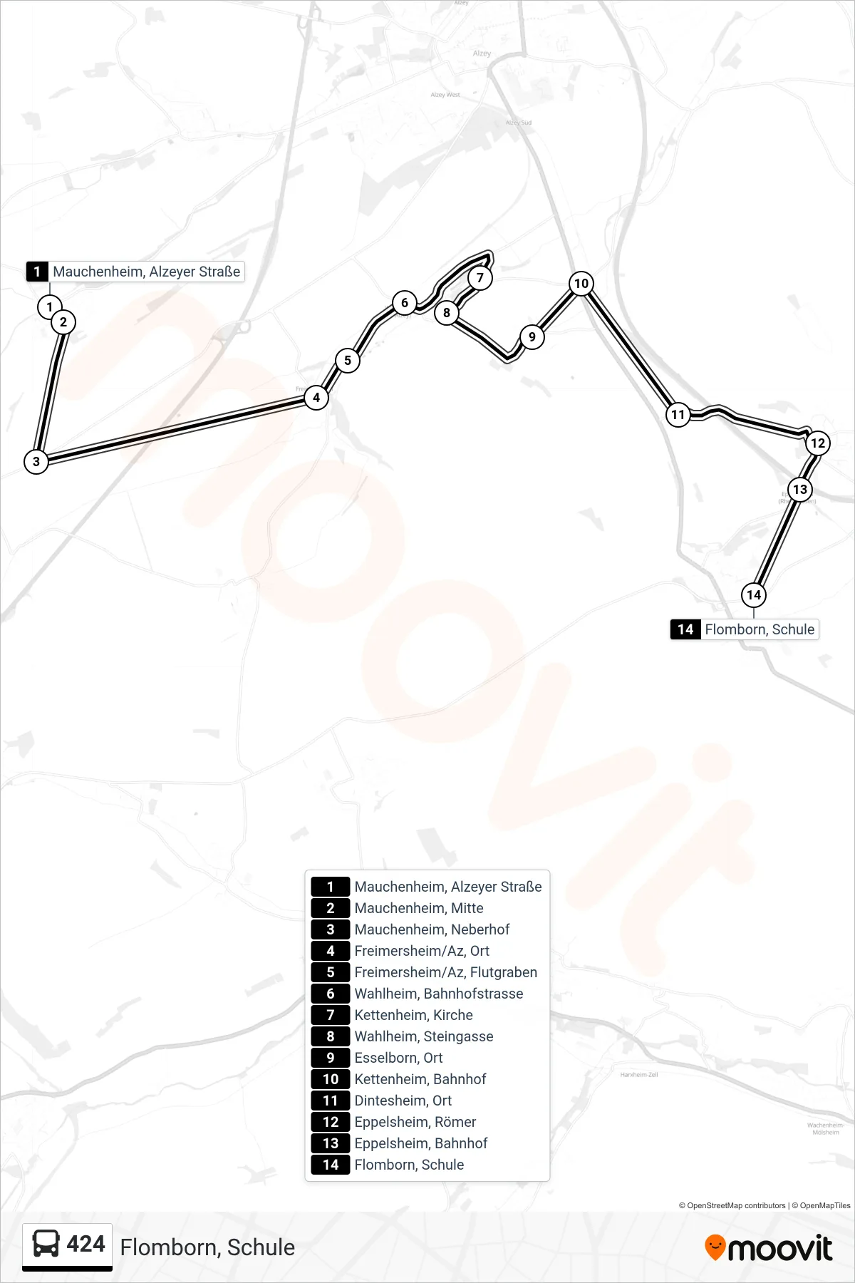 424 bus Line (Flomborn, Schule) route and stops on a map