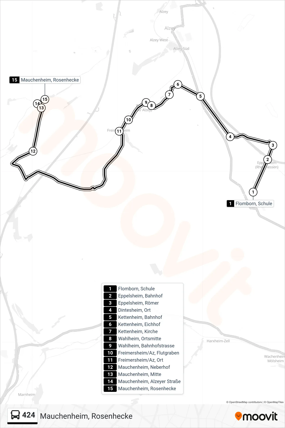 424 bus Line (Mauchenheim, Rosenhecke) route and stops on a map