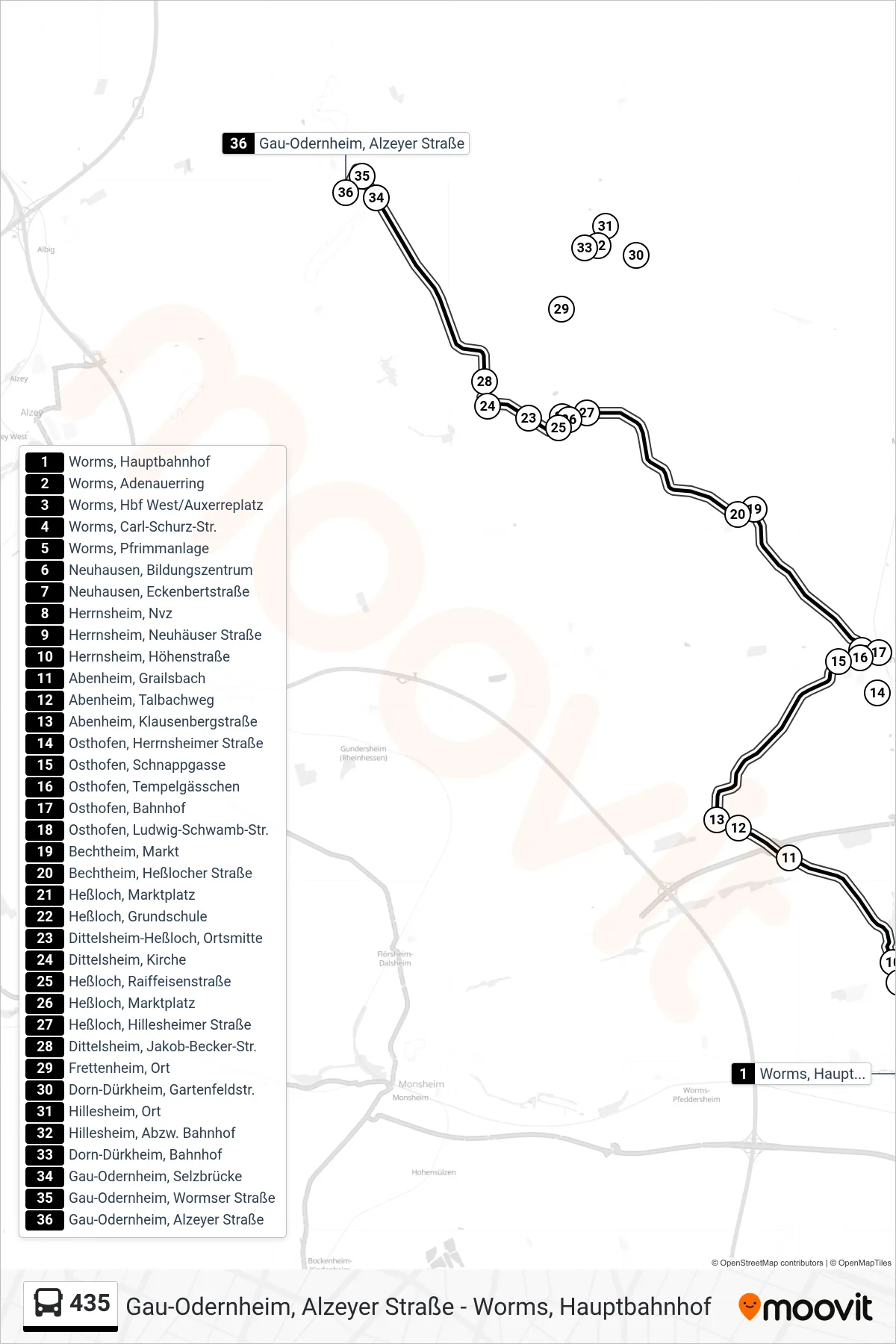 435 bus Line (Gau-Odernheim, Alzeyer Straße) route and stops on a map