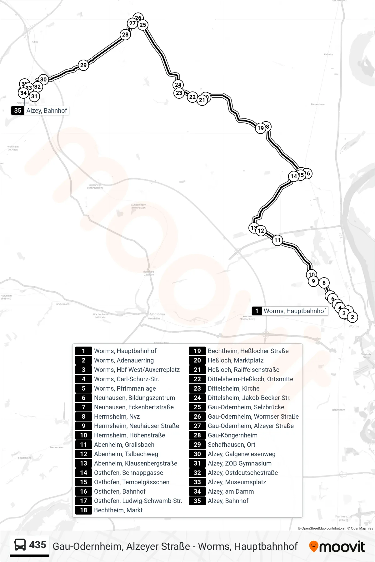 435 bus Line (Alzey, Bahnhof) route and stops on a map