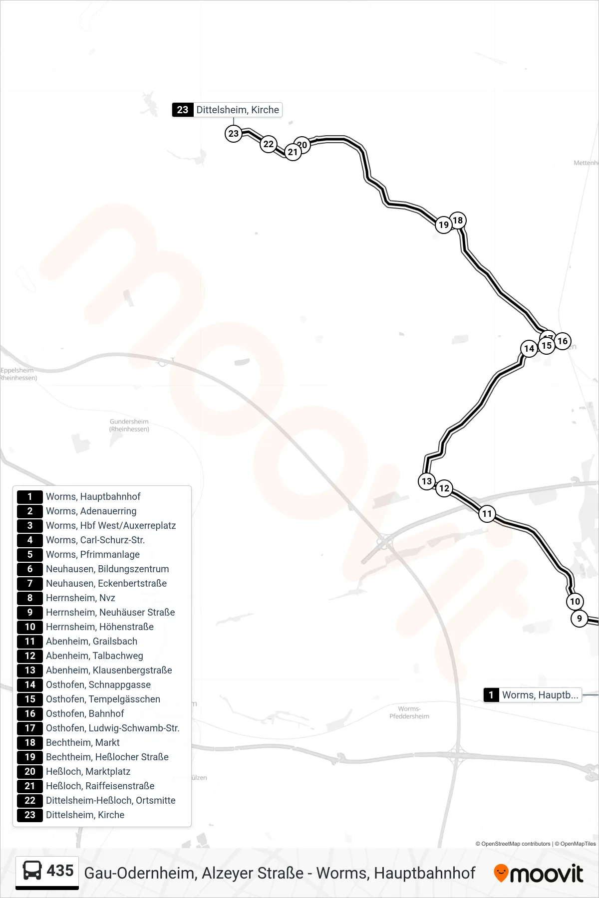435 bus Line (Dittelsheim, Kirche) route and stops on a map