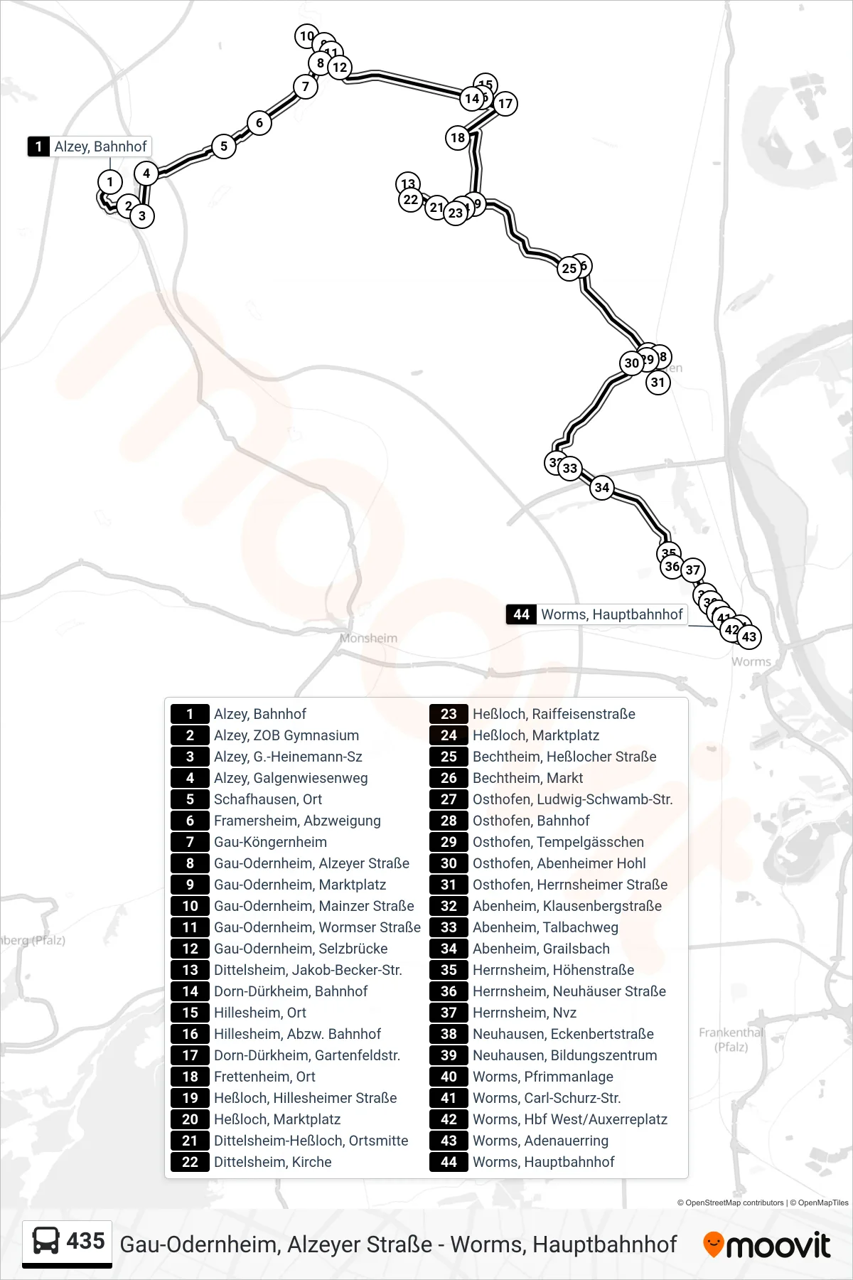 435 bus Line (Worms, Hauptbahnhof) route and stops on a map