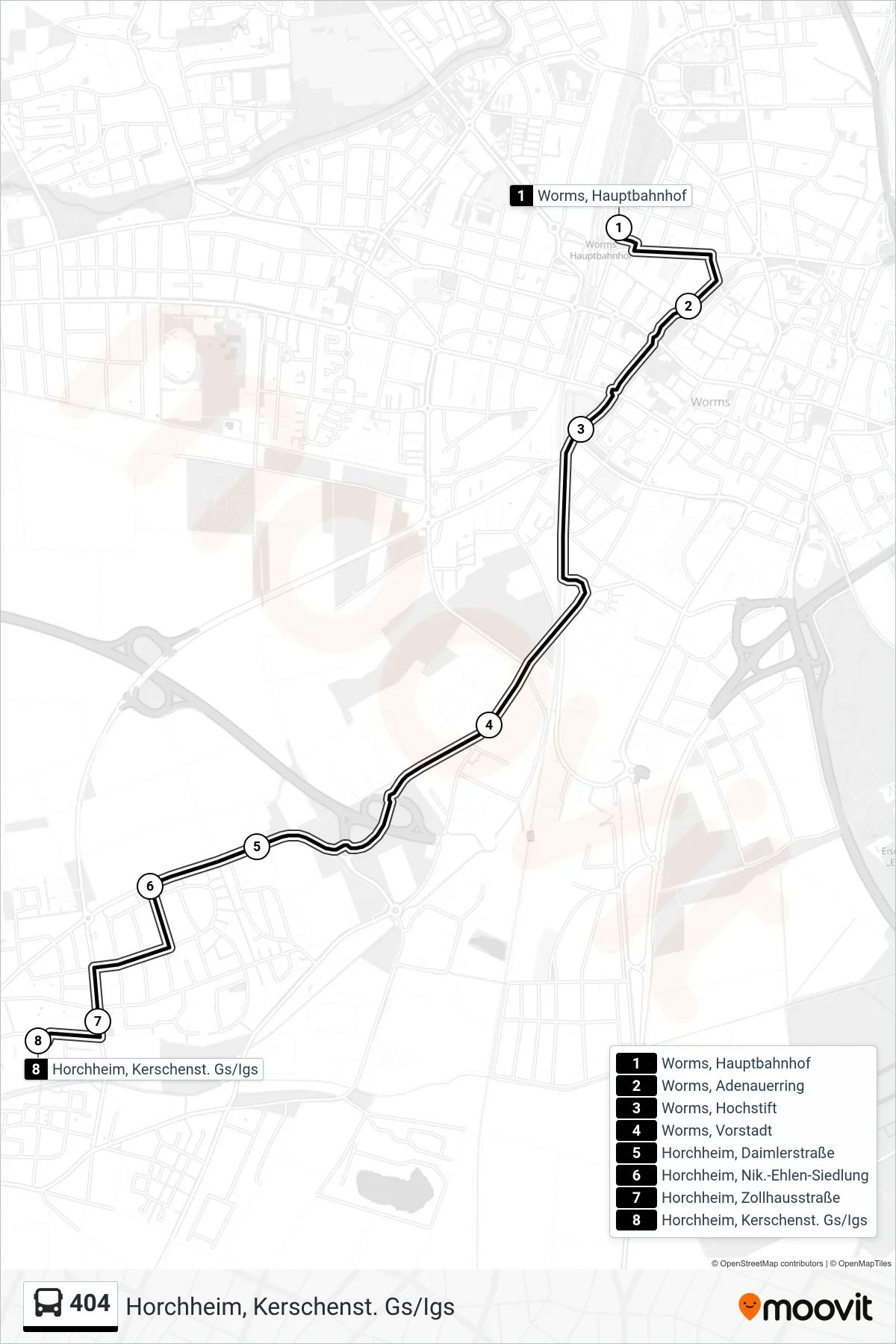 404 bus Line (Horchheim, Kerschenst. Gs/Igs) route and stops on a map