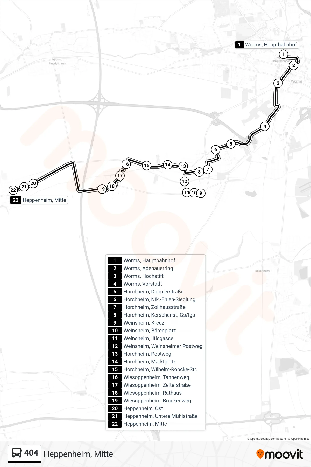 404 bus Line (Heppenheim, Mitte) route and stops on a map