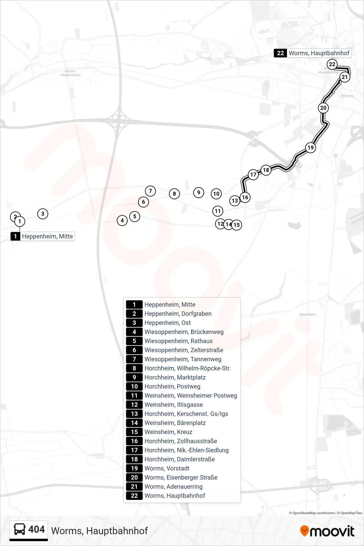 404 bus Line (Worms, Hauptbahnhof) route and stops on a map