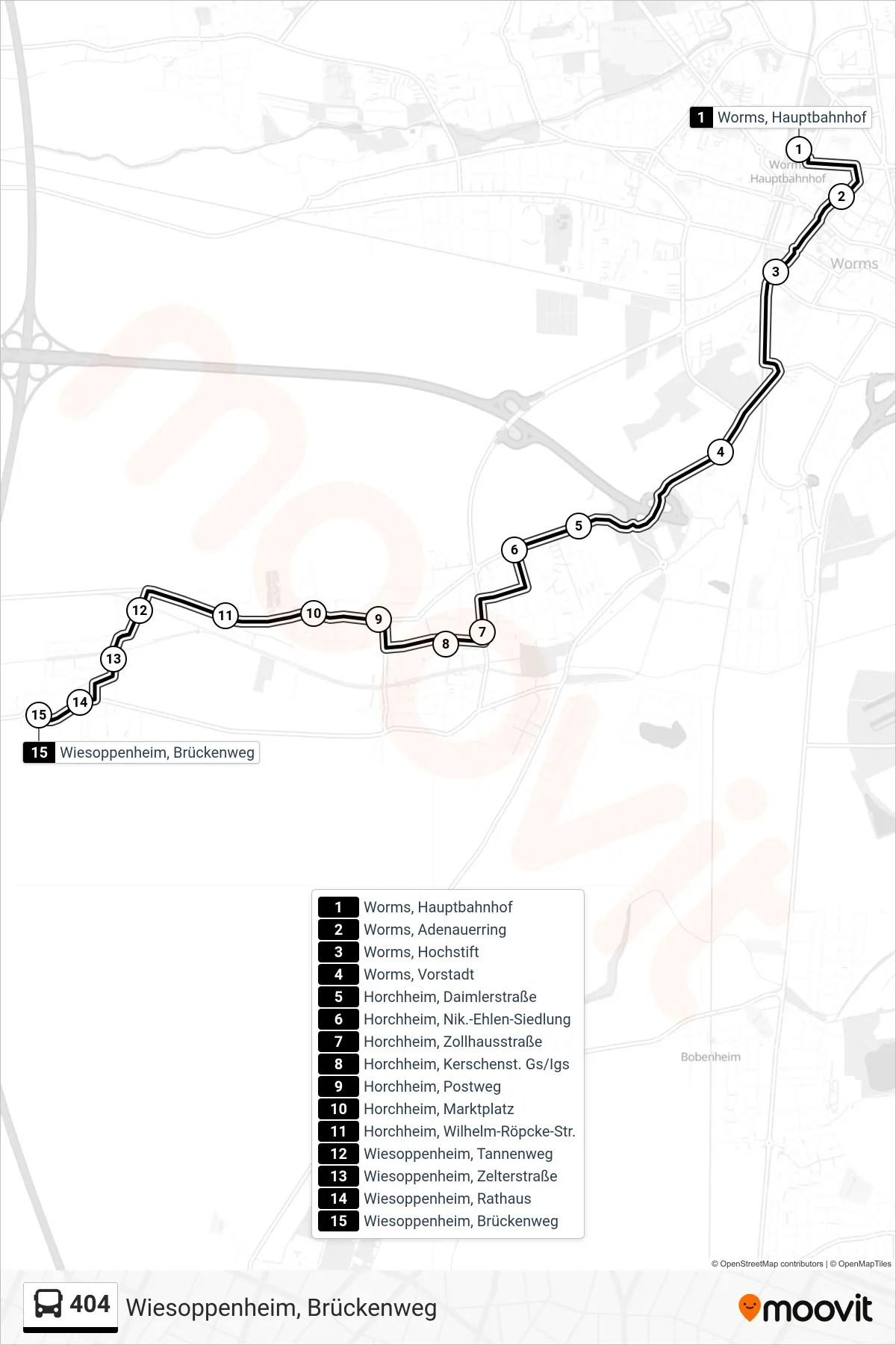404 bus Line (Wiesoppenheim, Brückenweg) route and stops on a map