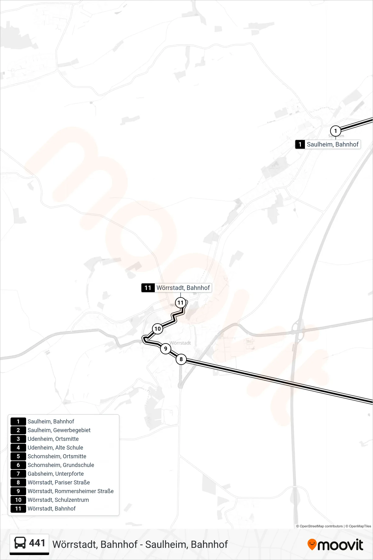 441 bus Line (Wörrstadt, Bahnhof) route and stops on a map