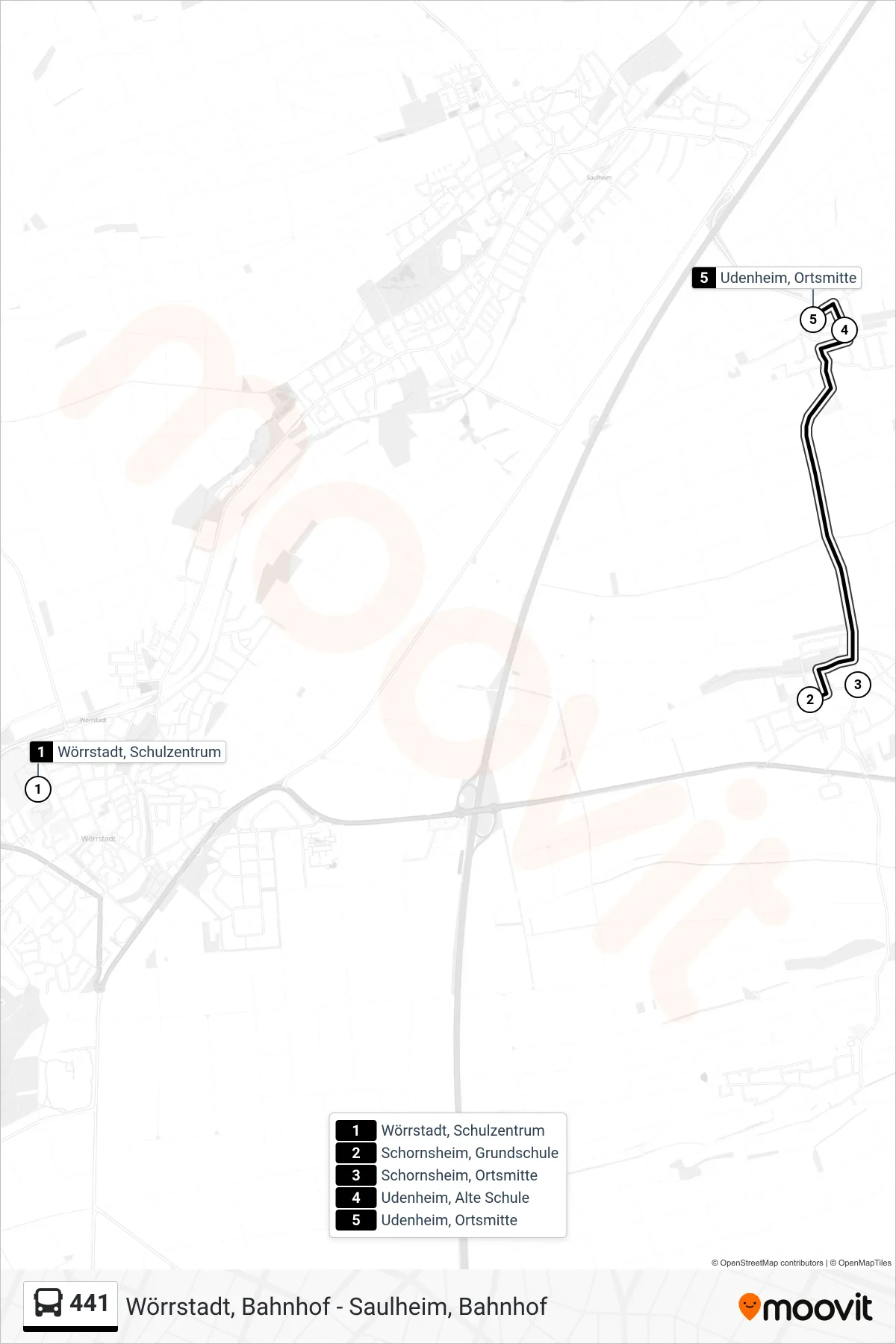 441 bus Line (Udenheim, Ortsmitte) route and stops on a map