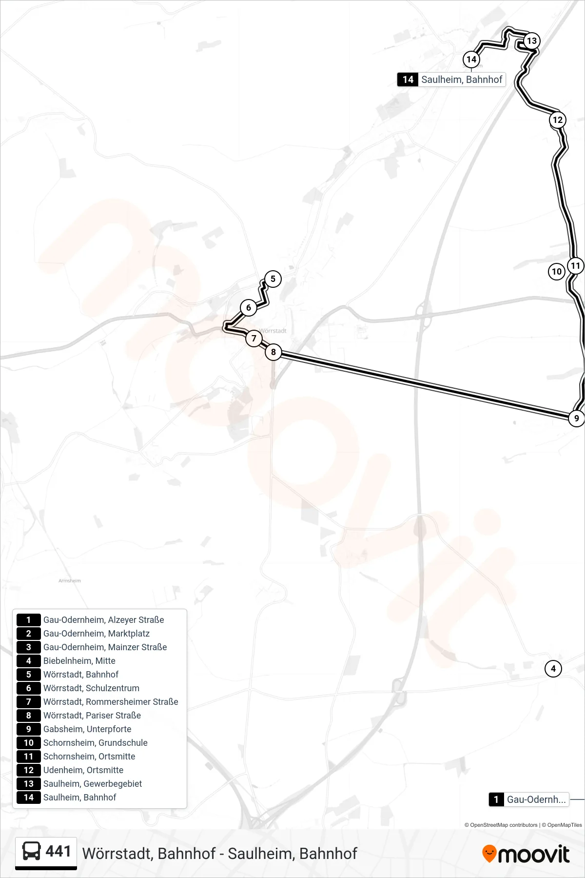 441 bus Line (Saulheim, Bahnhof) route and stops on a map