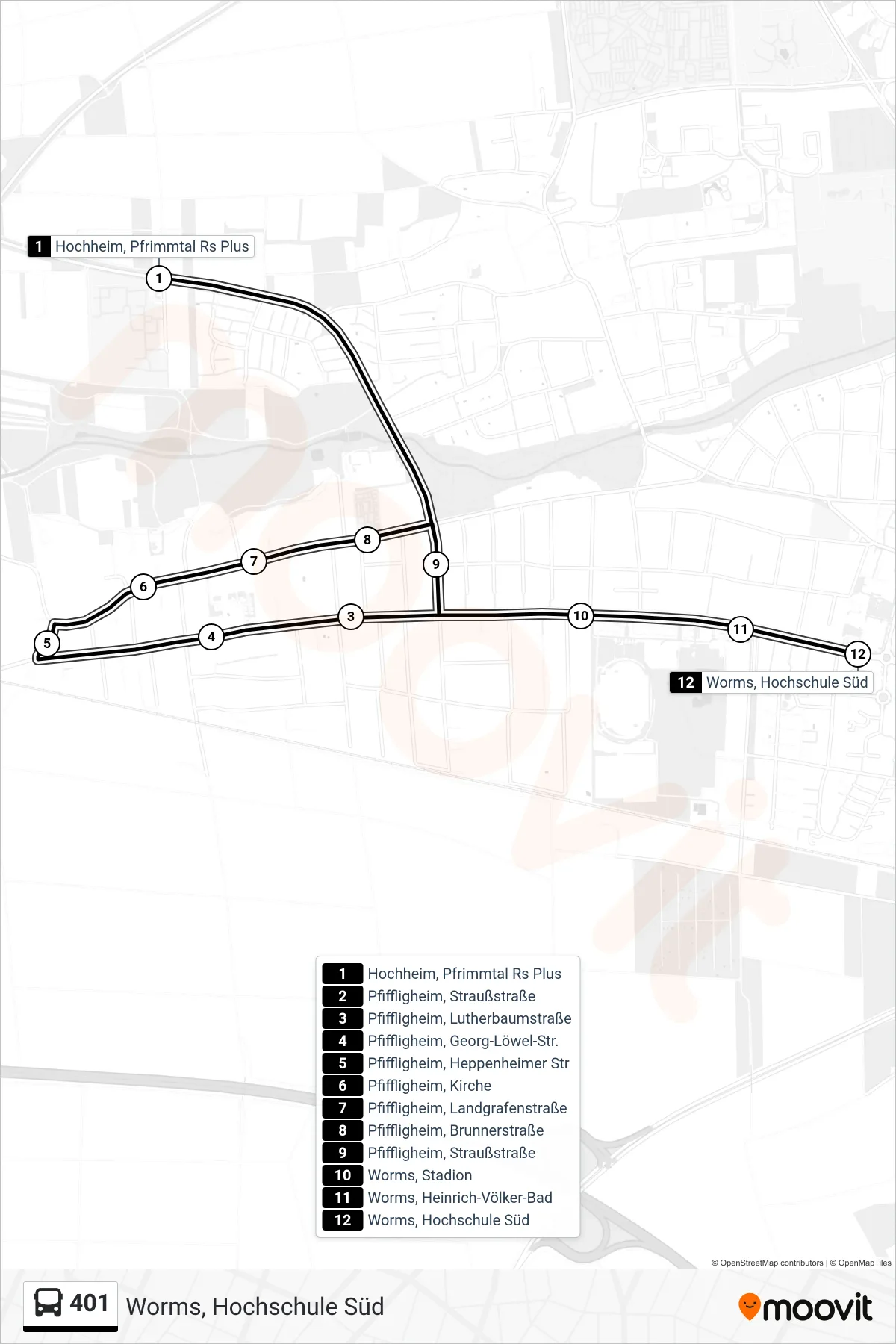 401 bus Line (Worms, Hochschule Süd) route and stops on a map