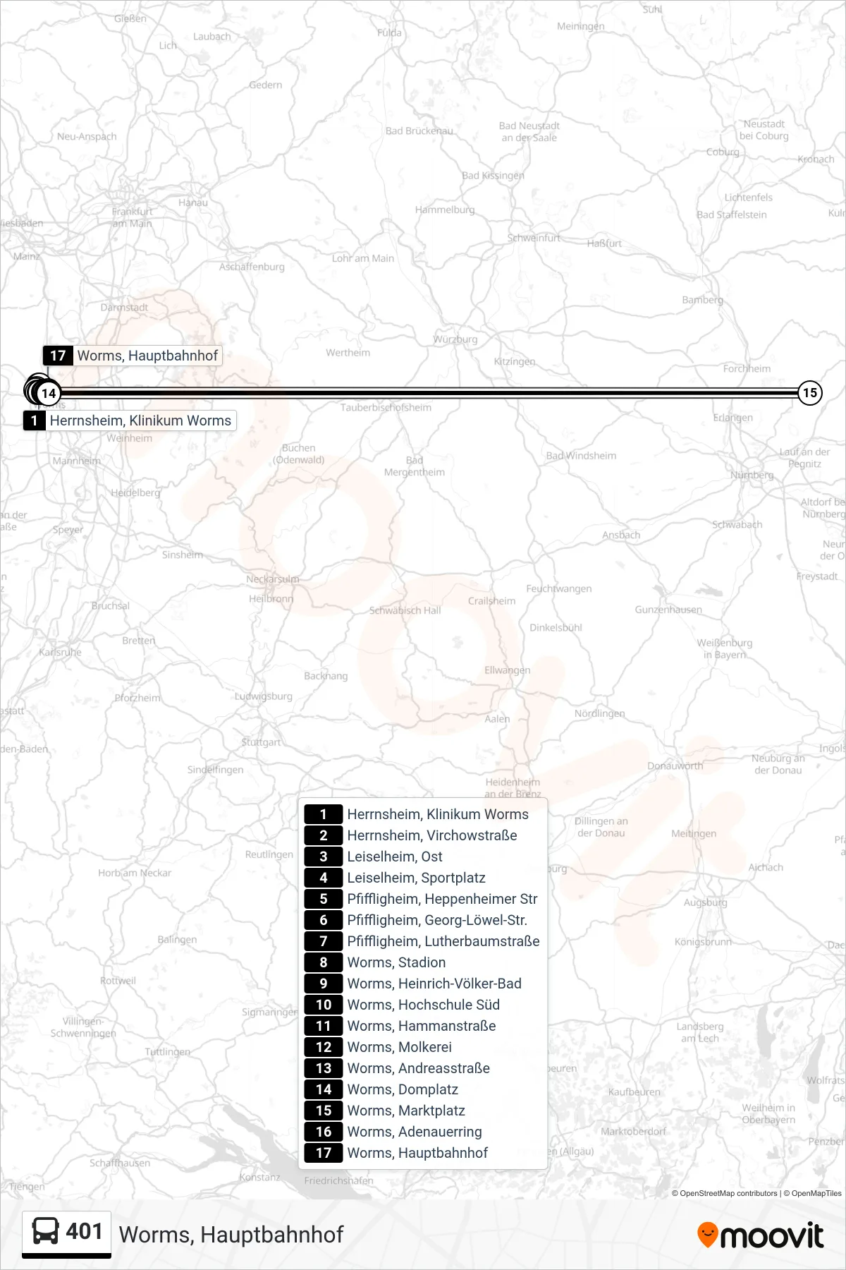 Linie 401 (Bus) Richtung Worms, Hauptbahnhof: Route und Haltestellen auf der Karte