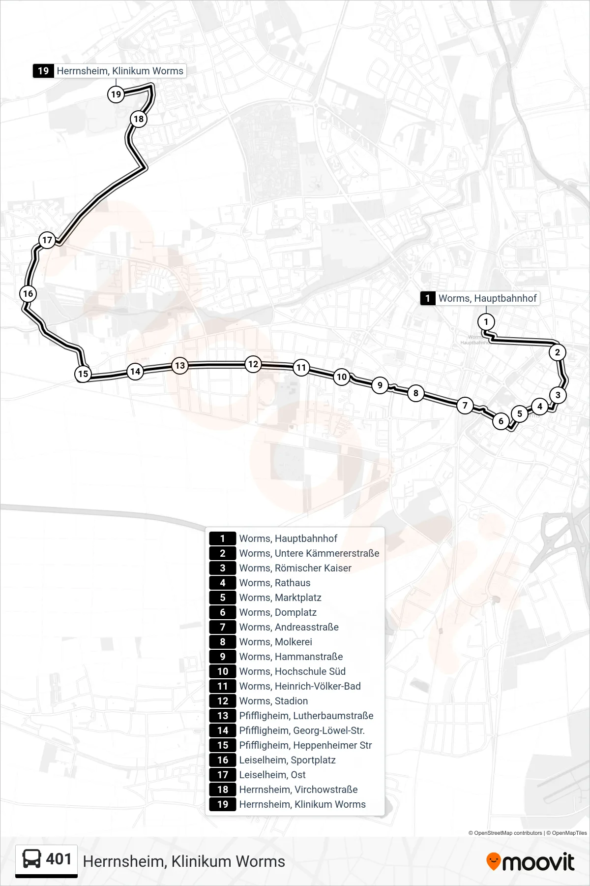 401 bus Line (Herrnsheim, Klinikum Worms) route and stops on a map