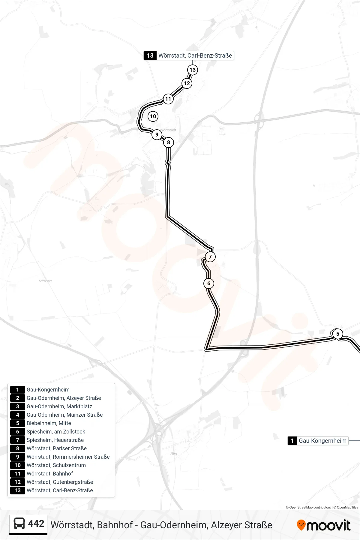 Linie 442 (Bus) Richtung Wörrstadt, Carl-Benz-Straße: Route und Haltestellen auf der Karte