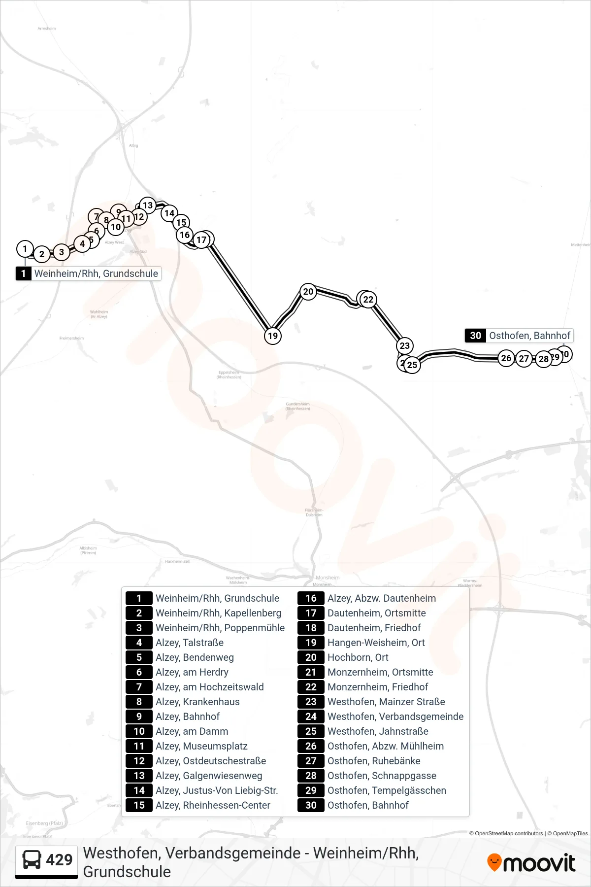 429 bus Line (Osthofen, Bahnhof) route and stops on a map