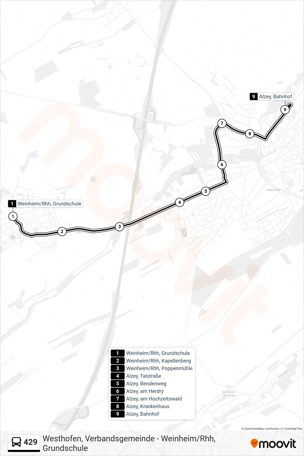 429 bus Line (Alzey, Bahnhof) route and stops on a map