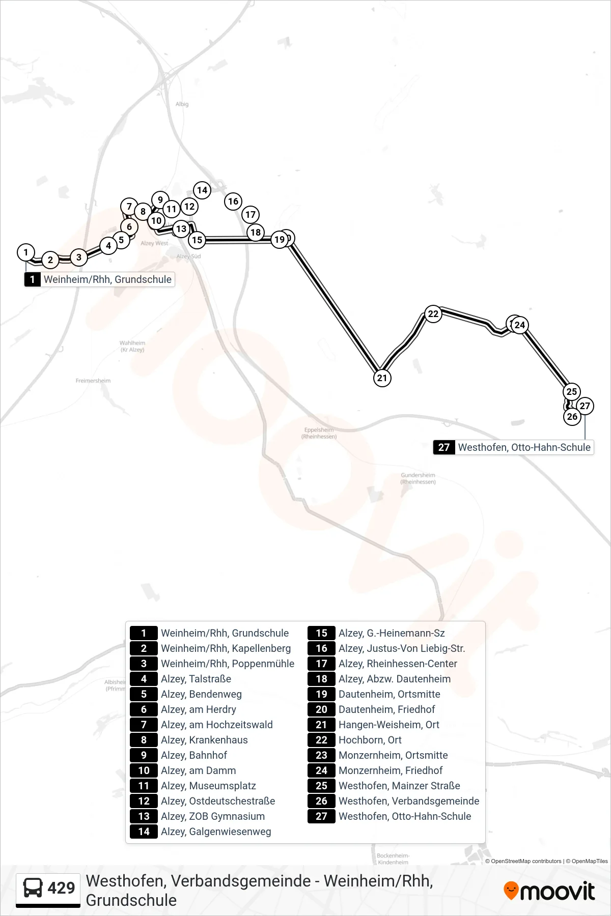 429 bus Line (Westhofen, Otto-Hahn-Schule) route and stops on a map