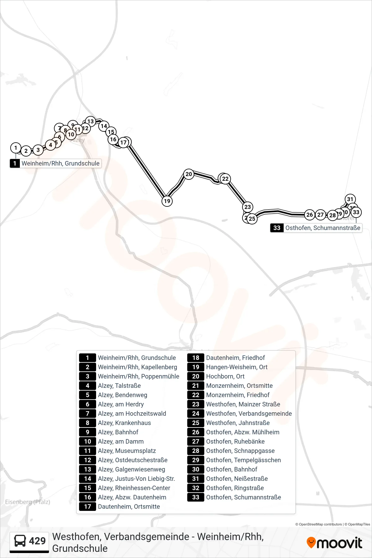 429 bus Line (Osthofen, Schumannstraße) route and stops on a map