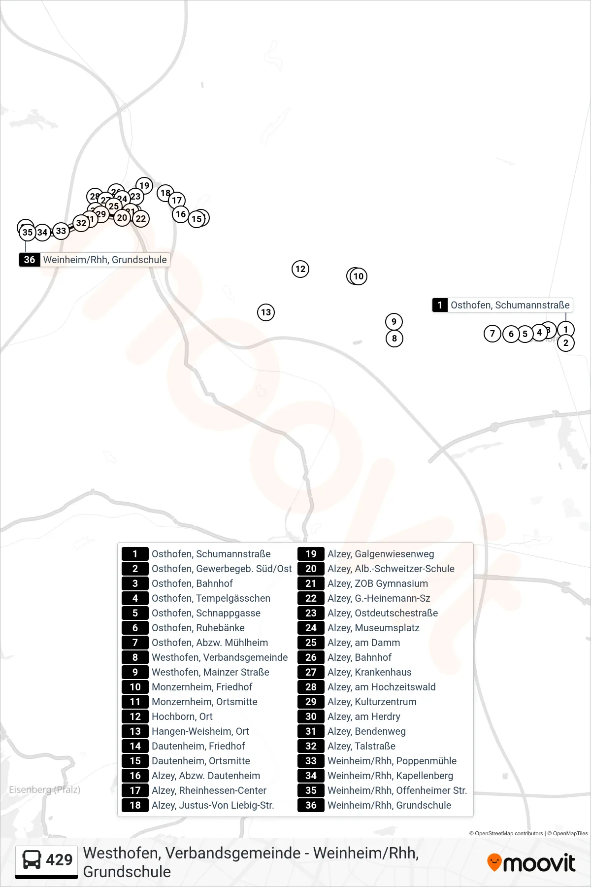 429 bus Line (Weinheim/Rhh, Grundschule) route and stops on a map