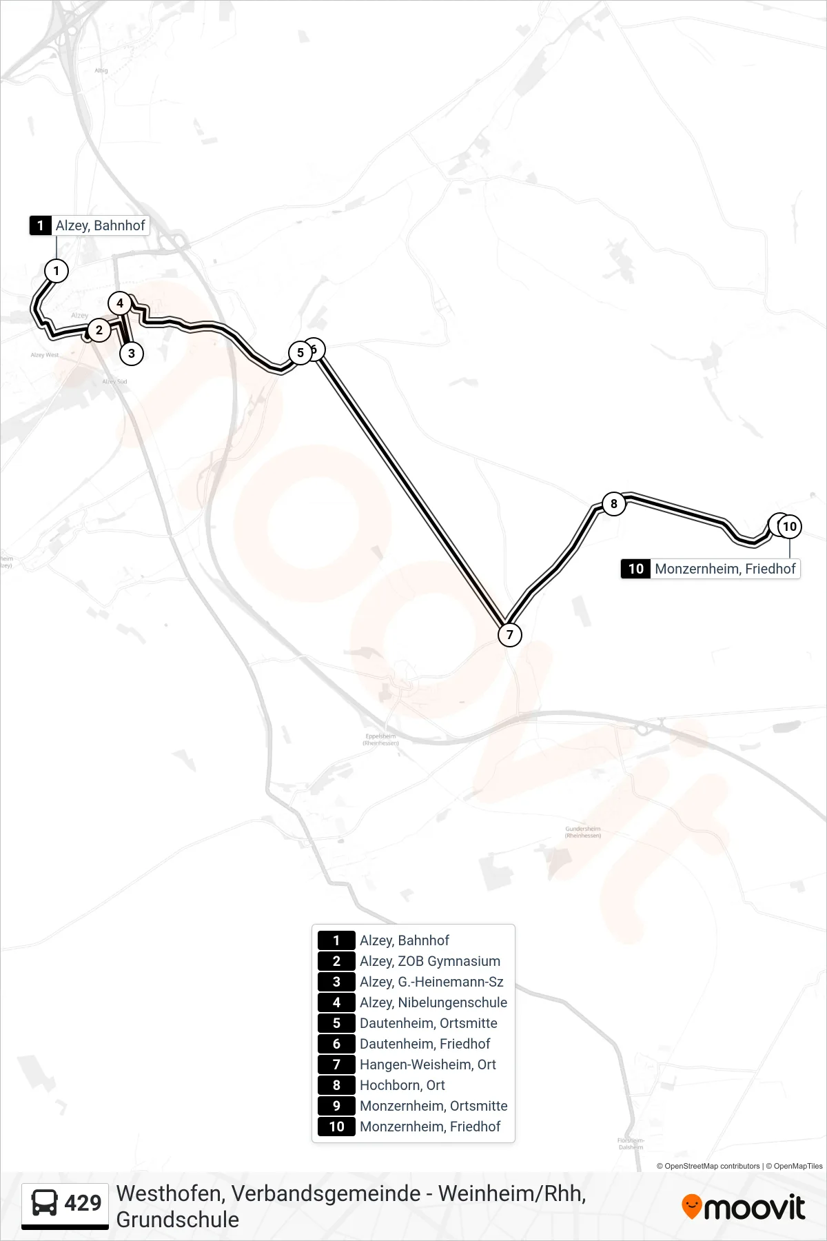 429 bus Line (Monzernheim, Friedhof) route and stops on a map