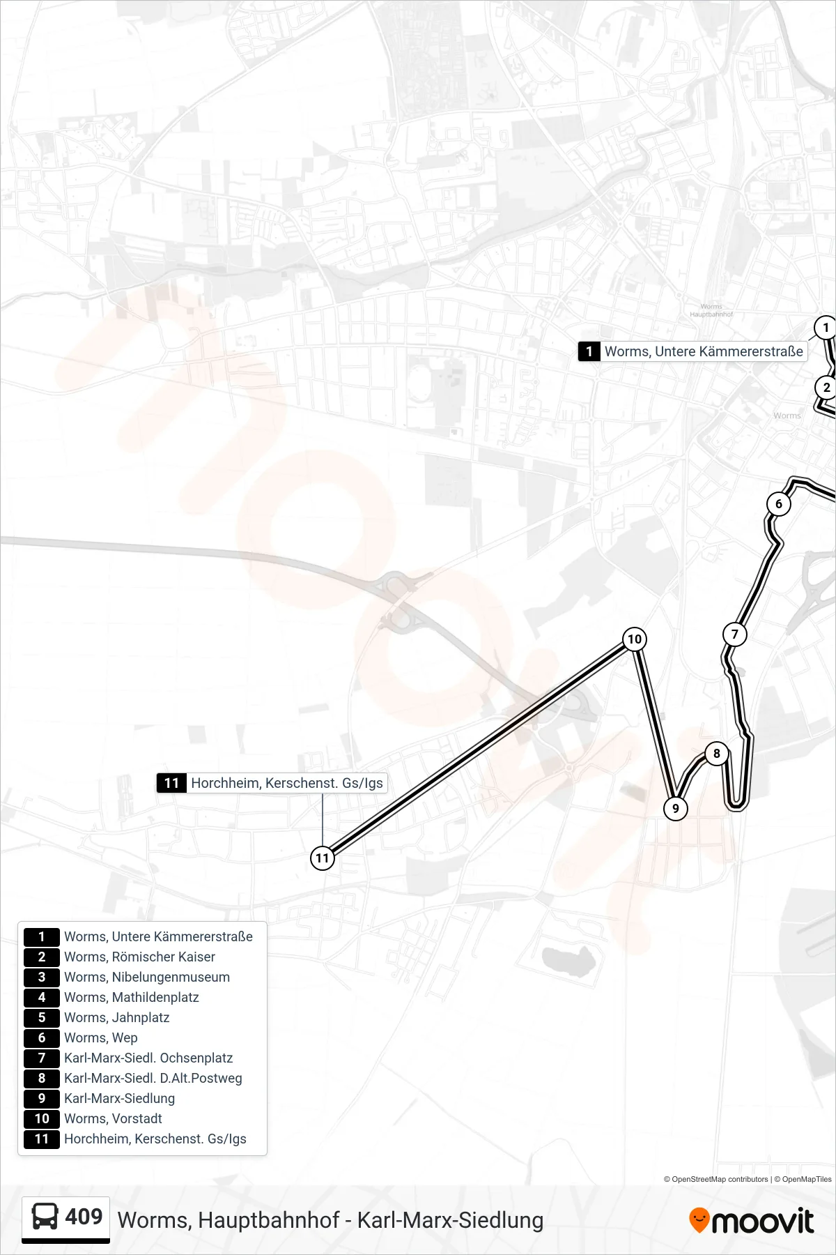 409 bus Line (Horchheim, Kerschenst. Gs/Igs) route and stops on a map