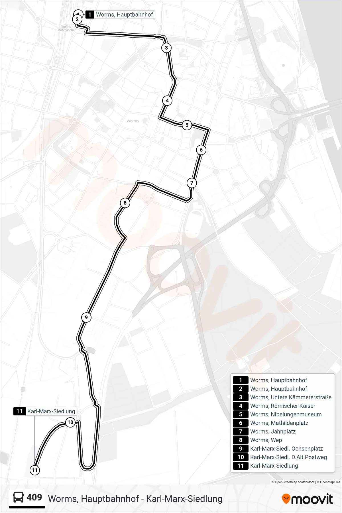 409 bus Line (Karl-Marx-Siedlung) route and stops on a map