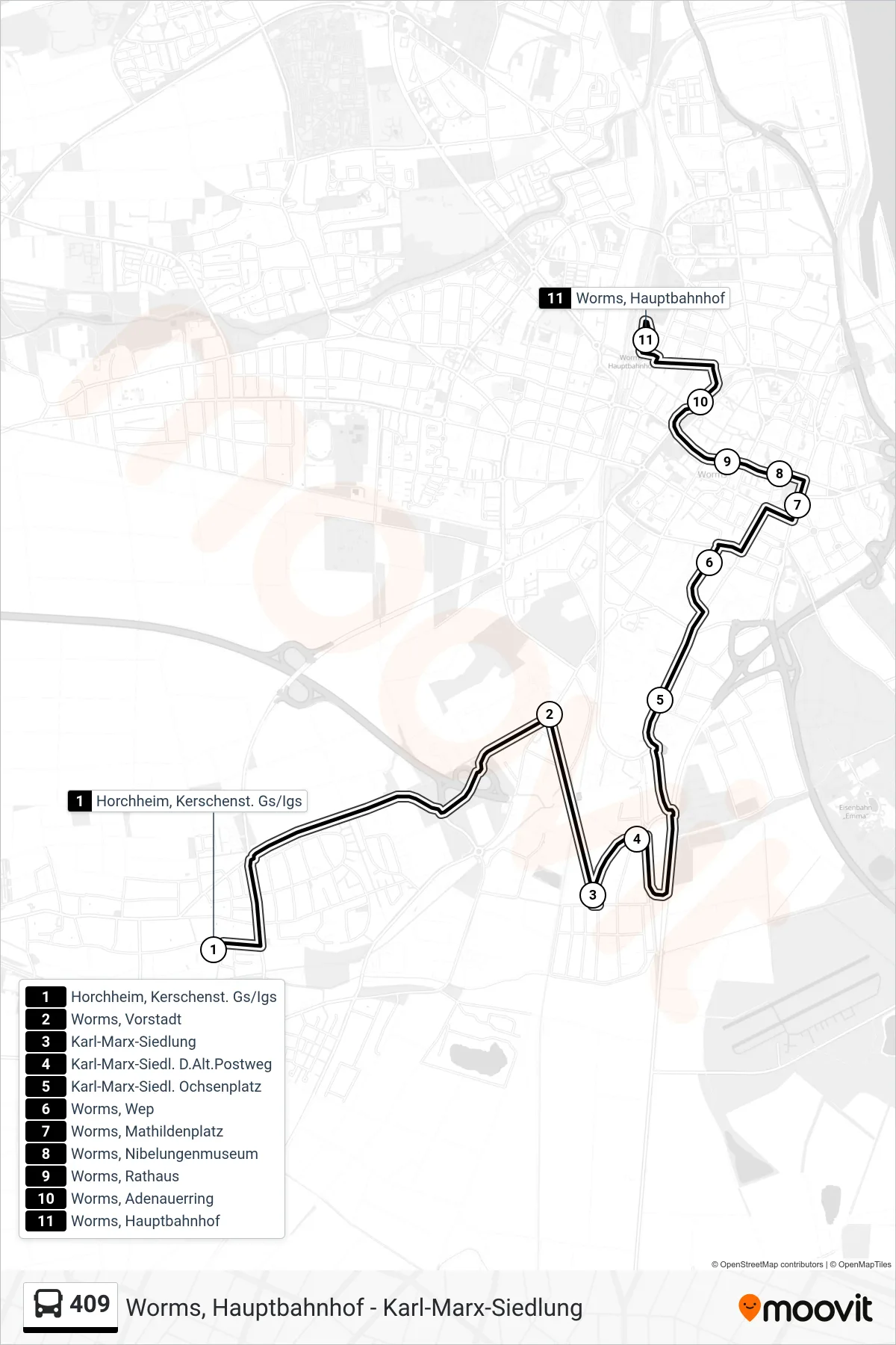 Linie 409 (Bus) Richtung Worms, Hauptbahnhof: Route und Haltestellen auf der Karte