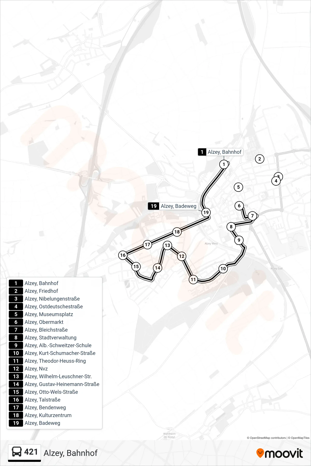Linie 421 (Bus) Richtung Alzey, Bahnhof: Route und Haltestellen auf der Karte