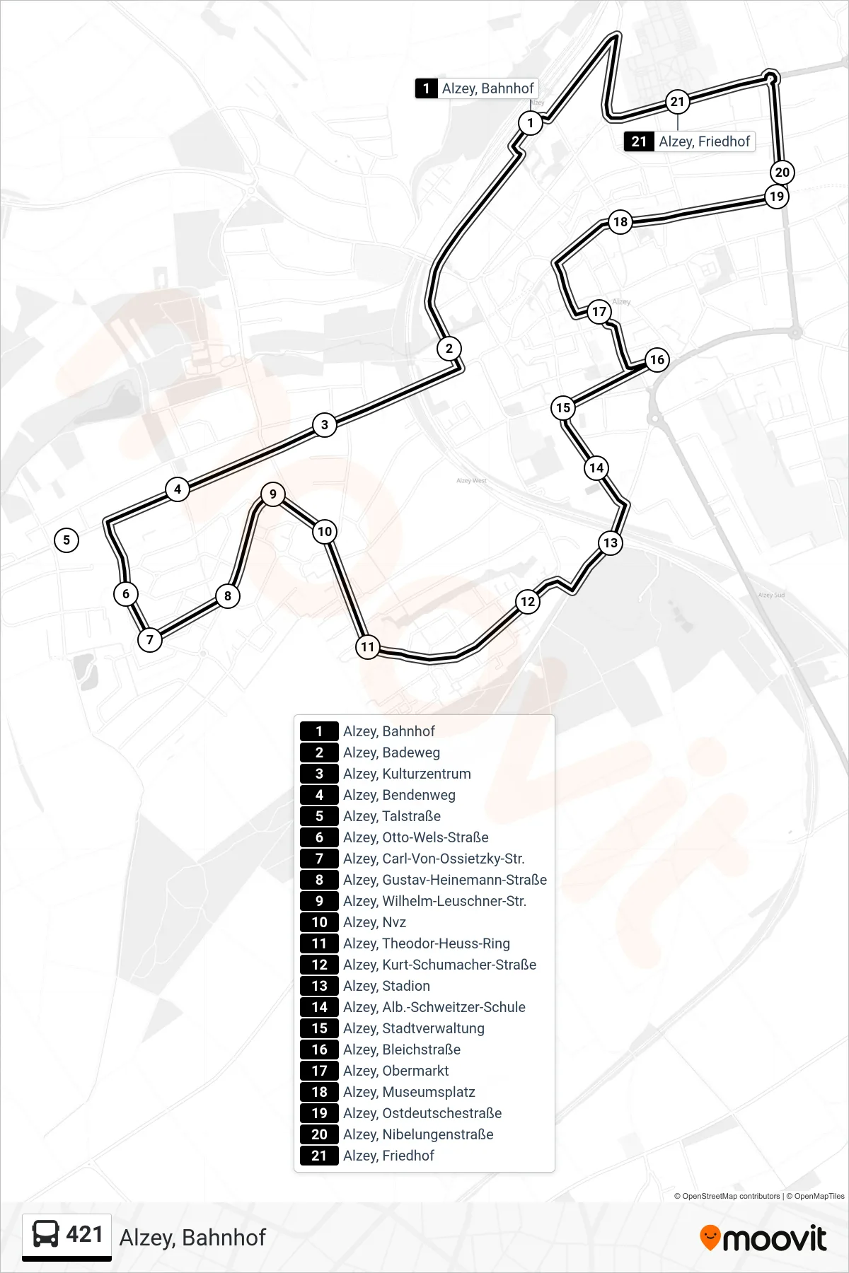 Linie 421 (Bus) Richtung Alzey, Bahnhof: Route und Haltestellen auf der Karte