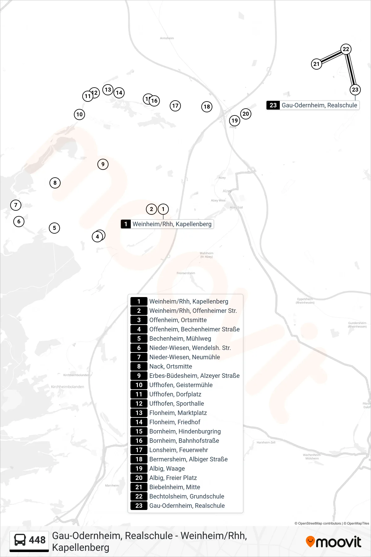 448 bus Line (Gau-Odernheim, Realschule) route and stops on a map